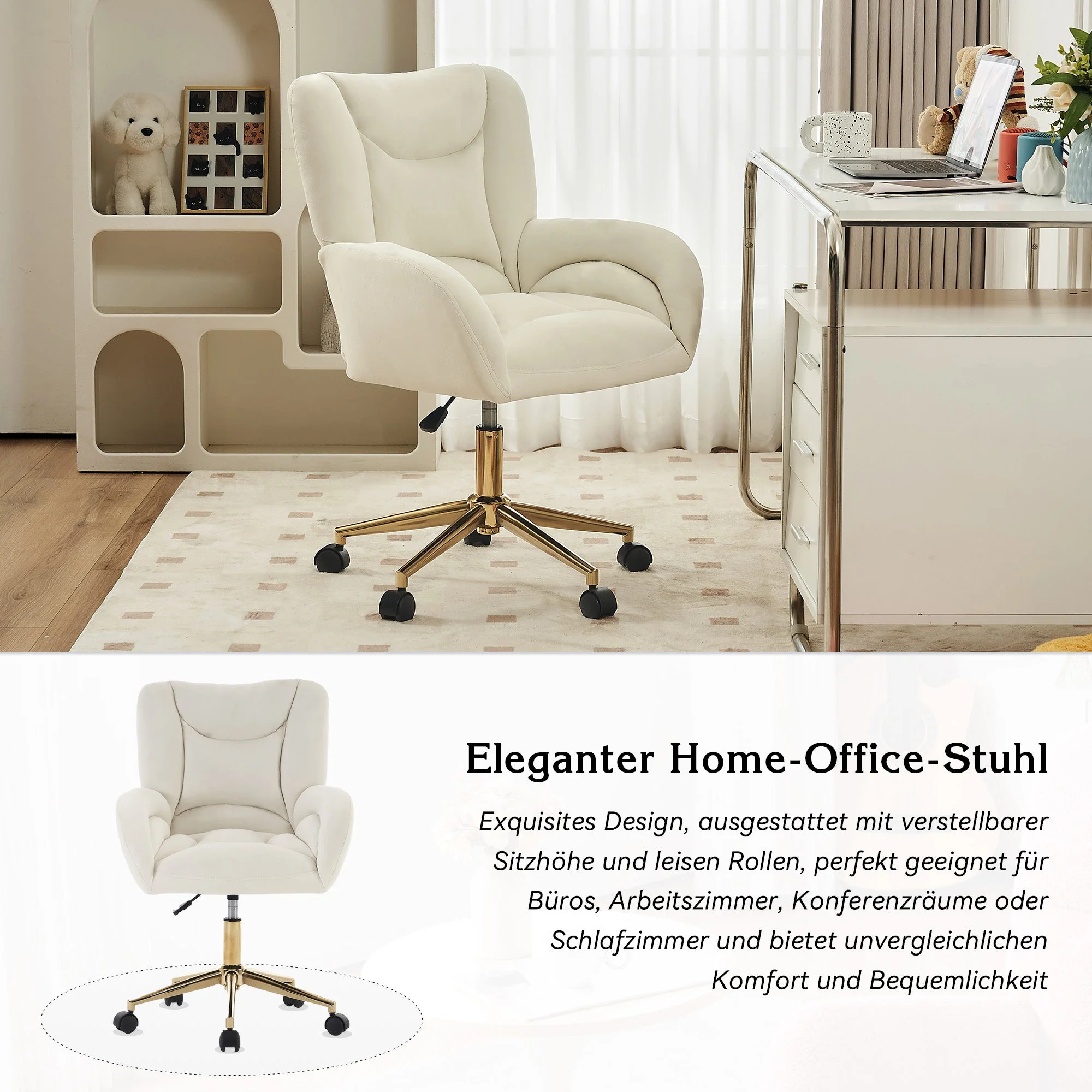 005 Swivel Chair, Full KD, Height Adjustable, Home Office, Velvet Fabric, Ivory - Image 3