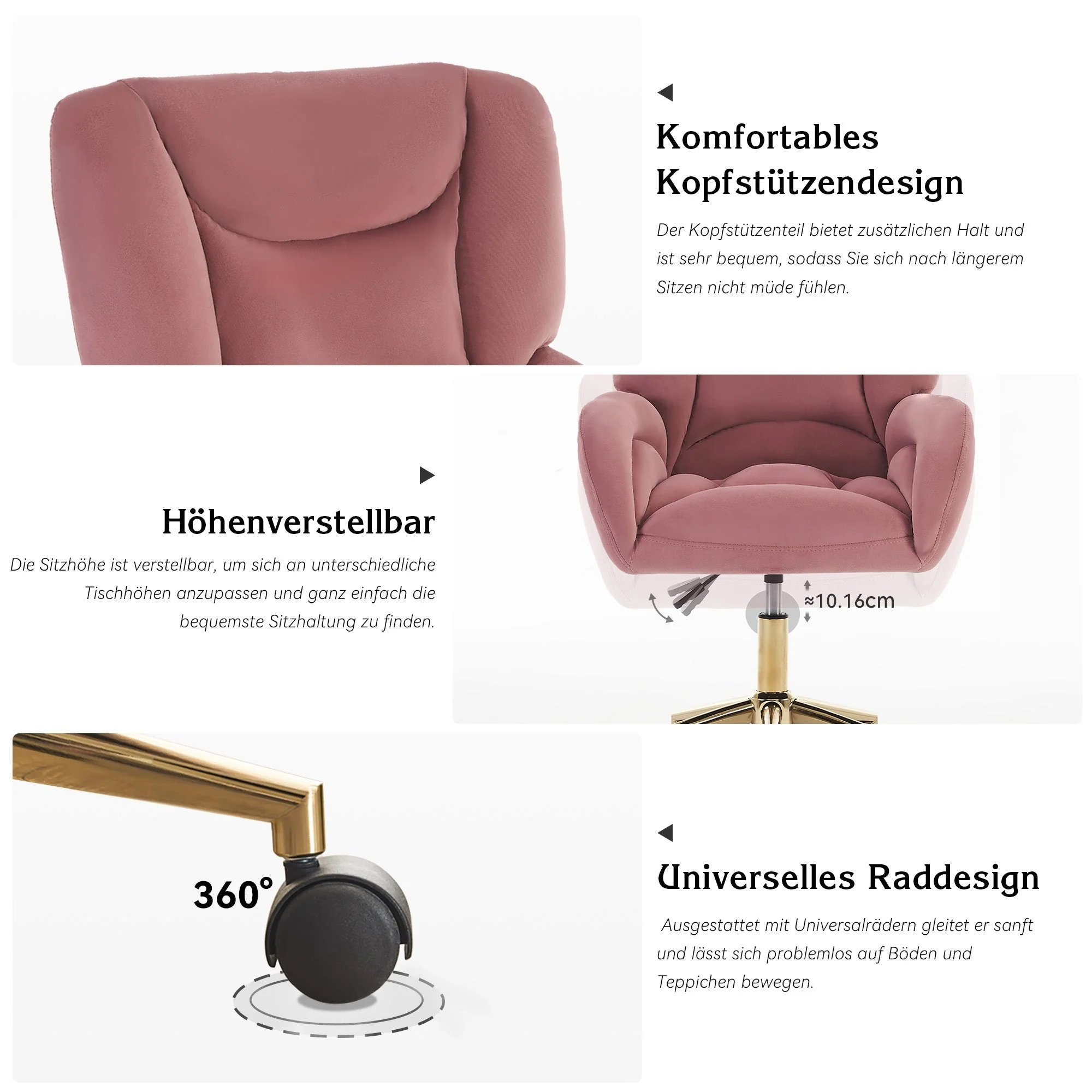 005 Swivel Chair Height-Adjustable Home Office Gold Legs, Velvet Pink - Image 2