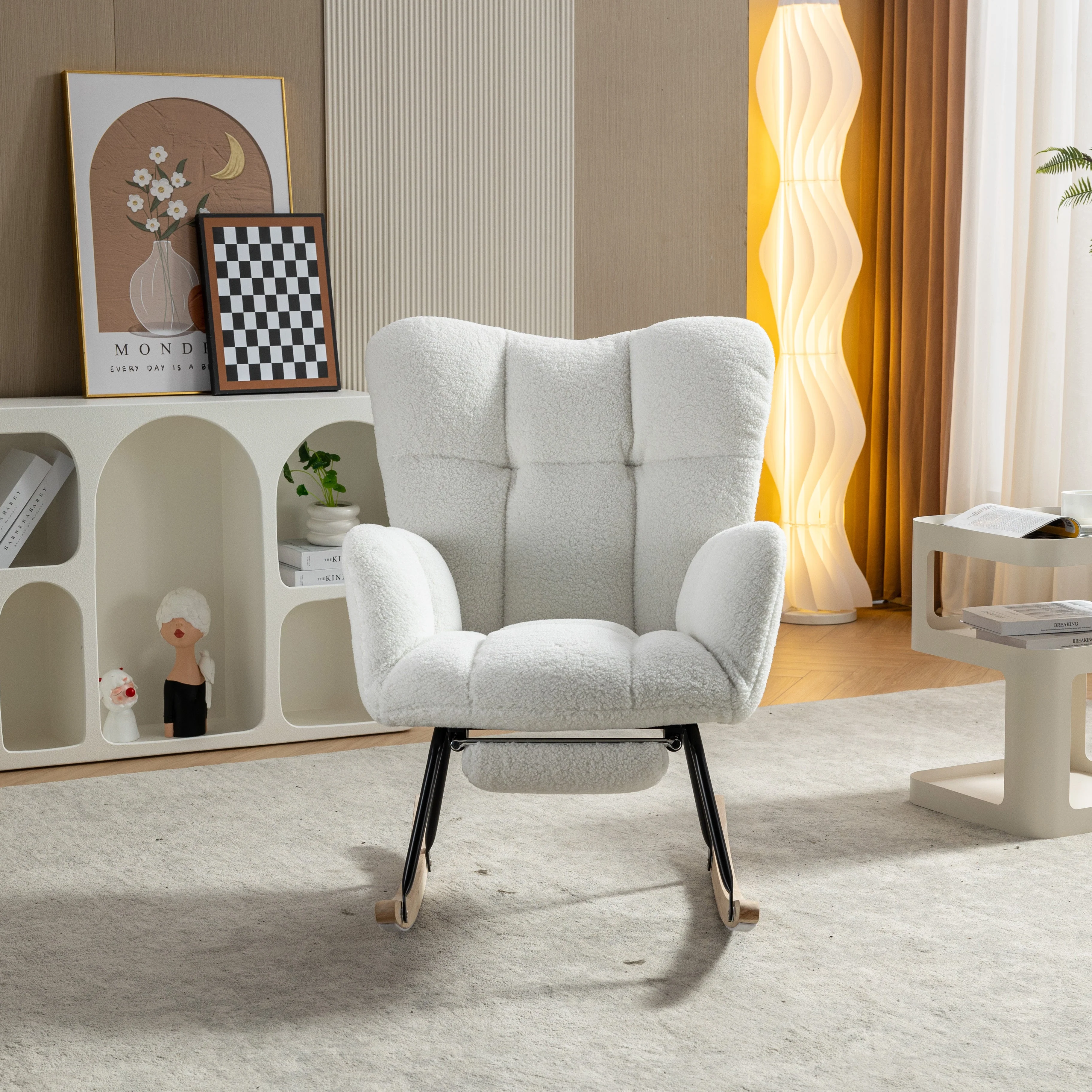 009B Rocking Chair, Upholstered with Retractable Footrest, White Teddy Fabric - Image 9