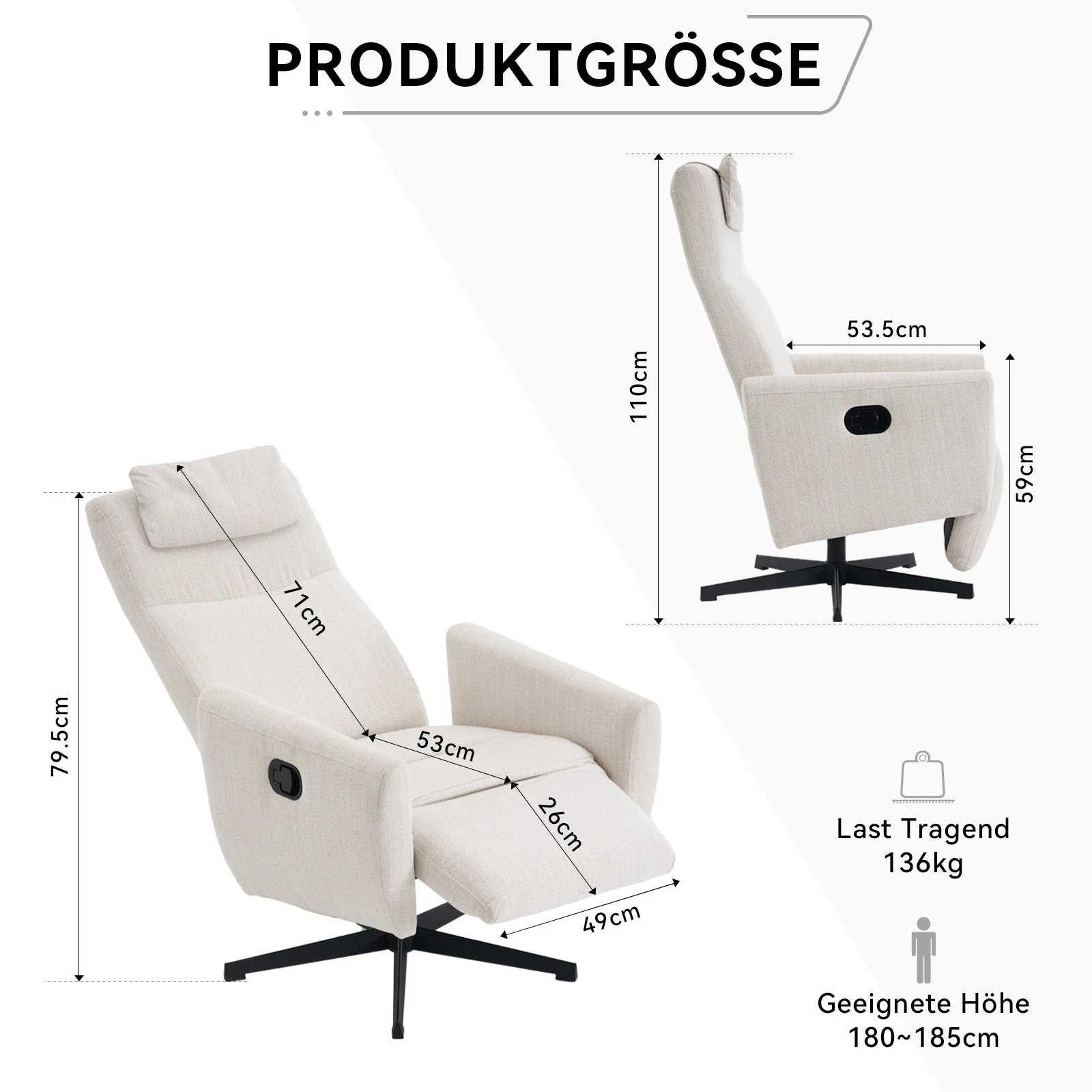 022 Recliner Chair with Footrest, Swivel Lounge Sofa, Beige Chenille - Image 3