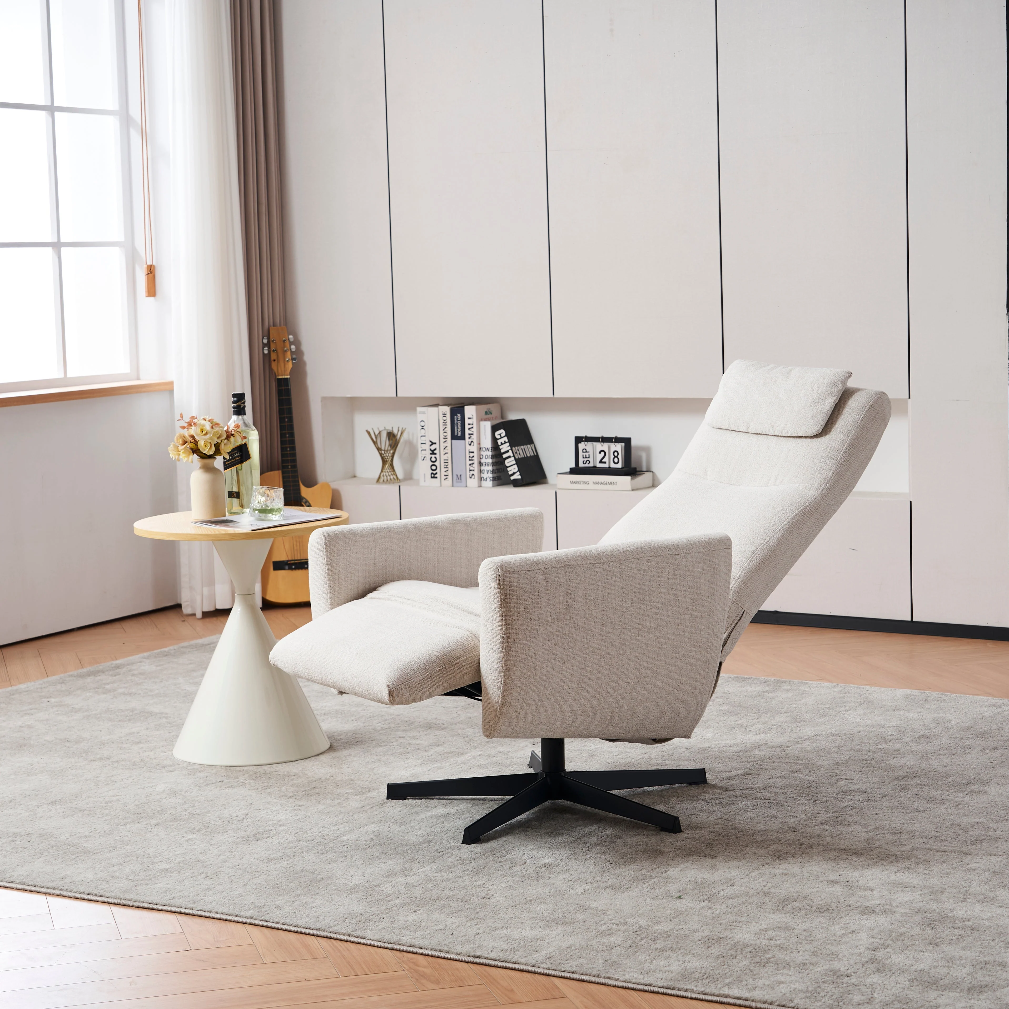 022 Recliner Chair with Footrest, Swivel Lounge Sofa, Beige Chenille - Image 9