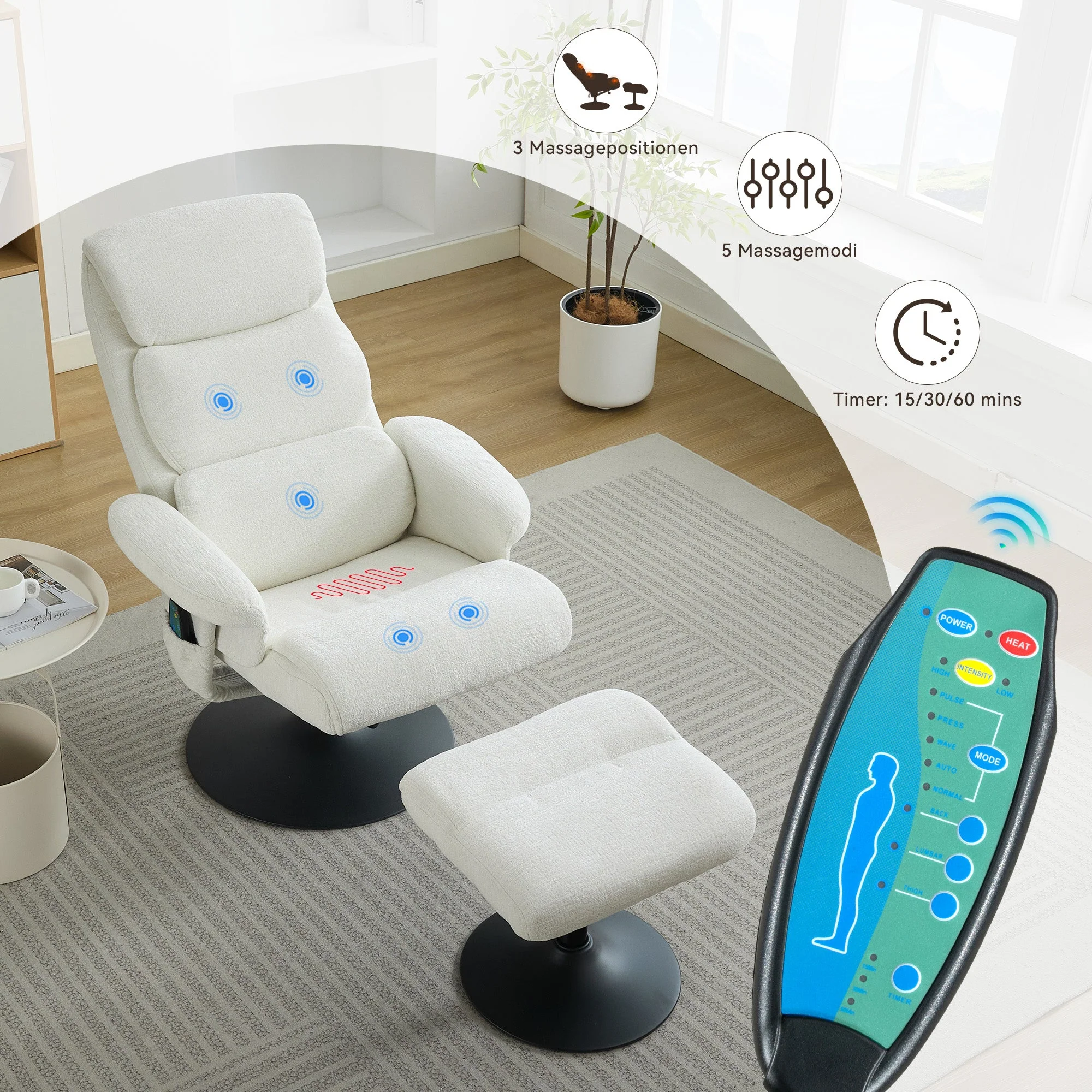 023 Recliner Chair, 5-Point Massage, Electric Heat, Footstool, 360° Swivel, Chenille Fabric White - Image 4