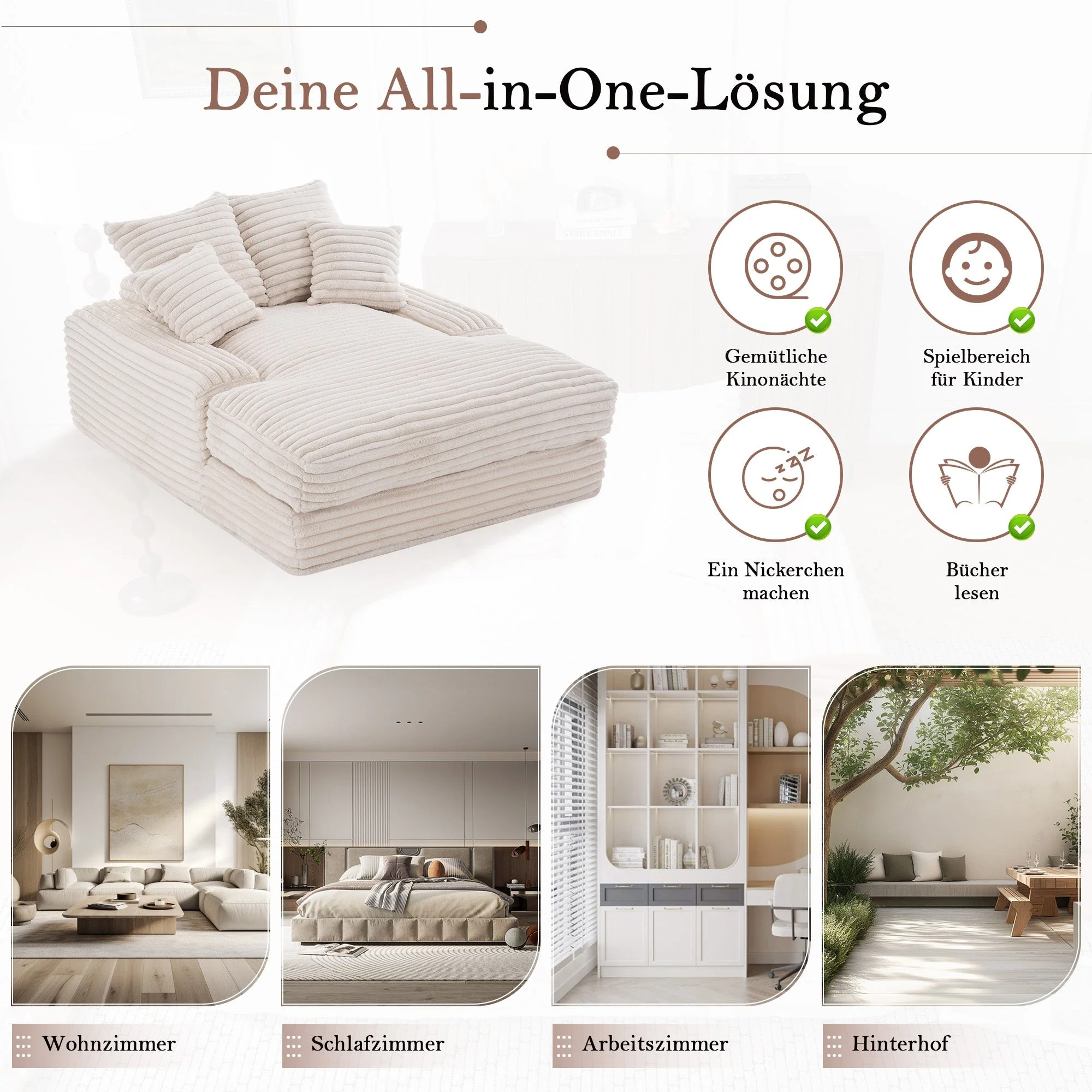 027–Luxury Cord Sofa Bed, Multifunctional Ultra-Soft Space-Saving, Beige - Image 4