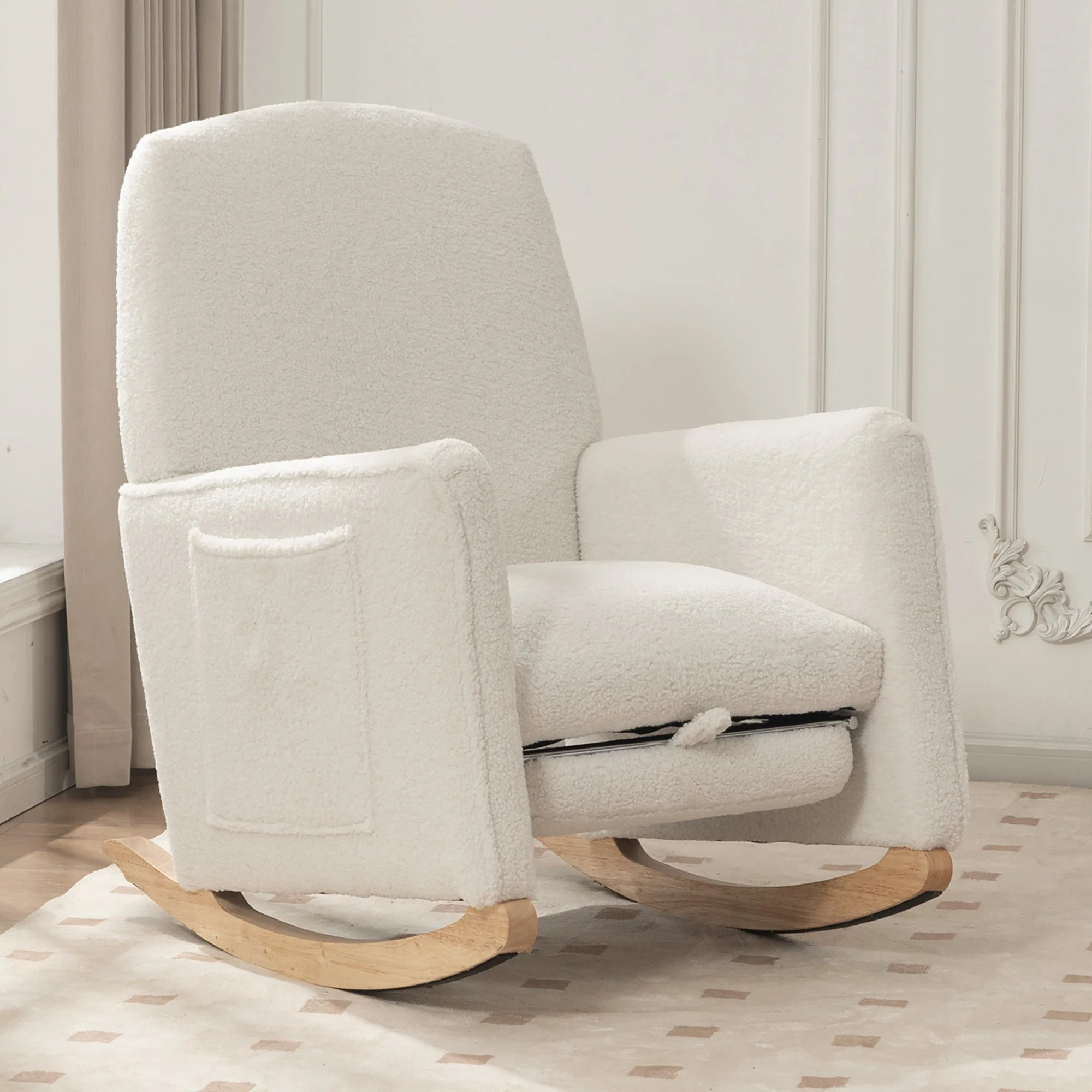 044 Rocking Chair with Stool, Recliner, High Back, White Teddy Fabric - Image 8