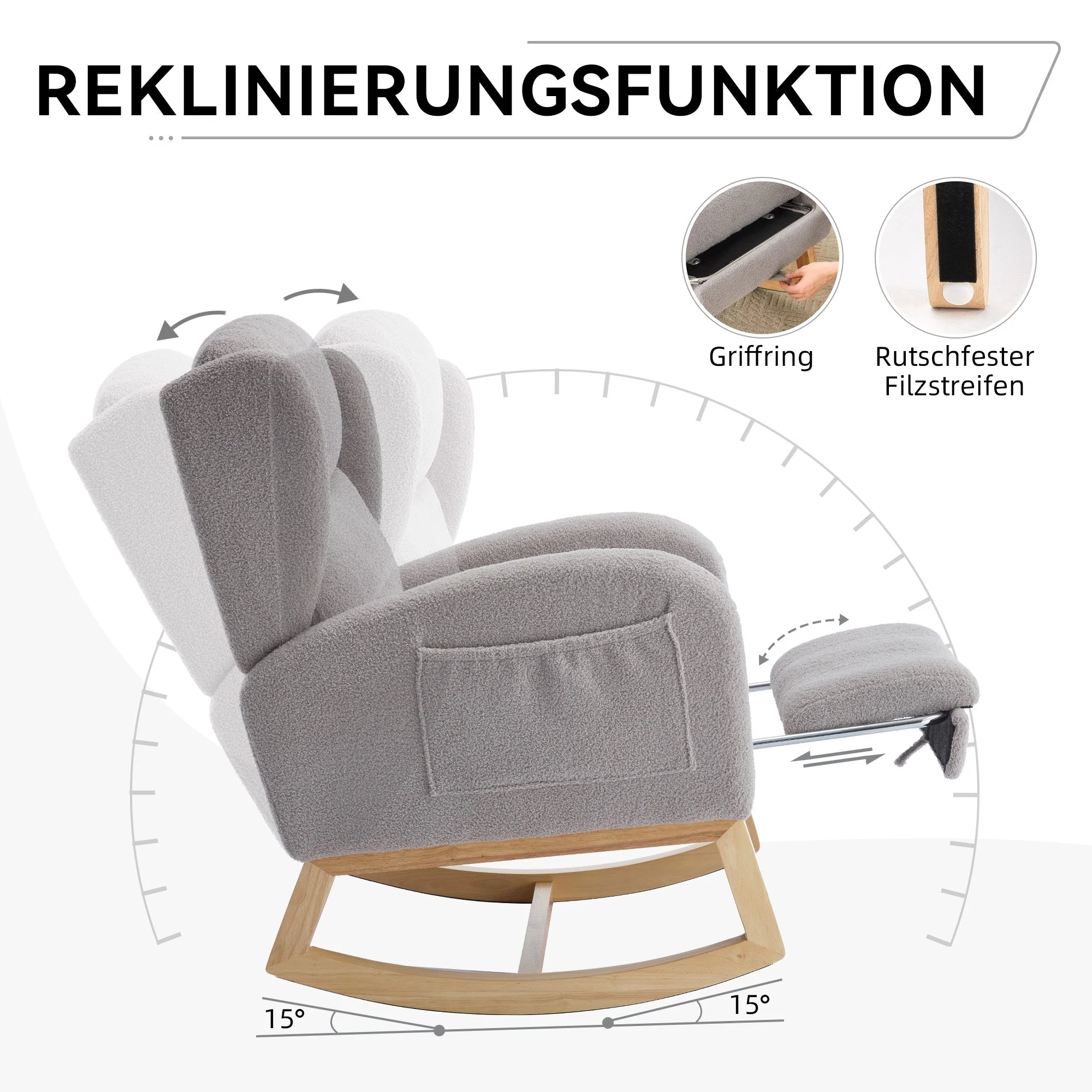 049B Rocking Chair, Nursing Lounge Chair with Adjustable Footrest, High Back, Teddy Fabric, Gray - Image 4