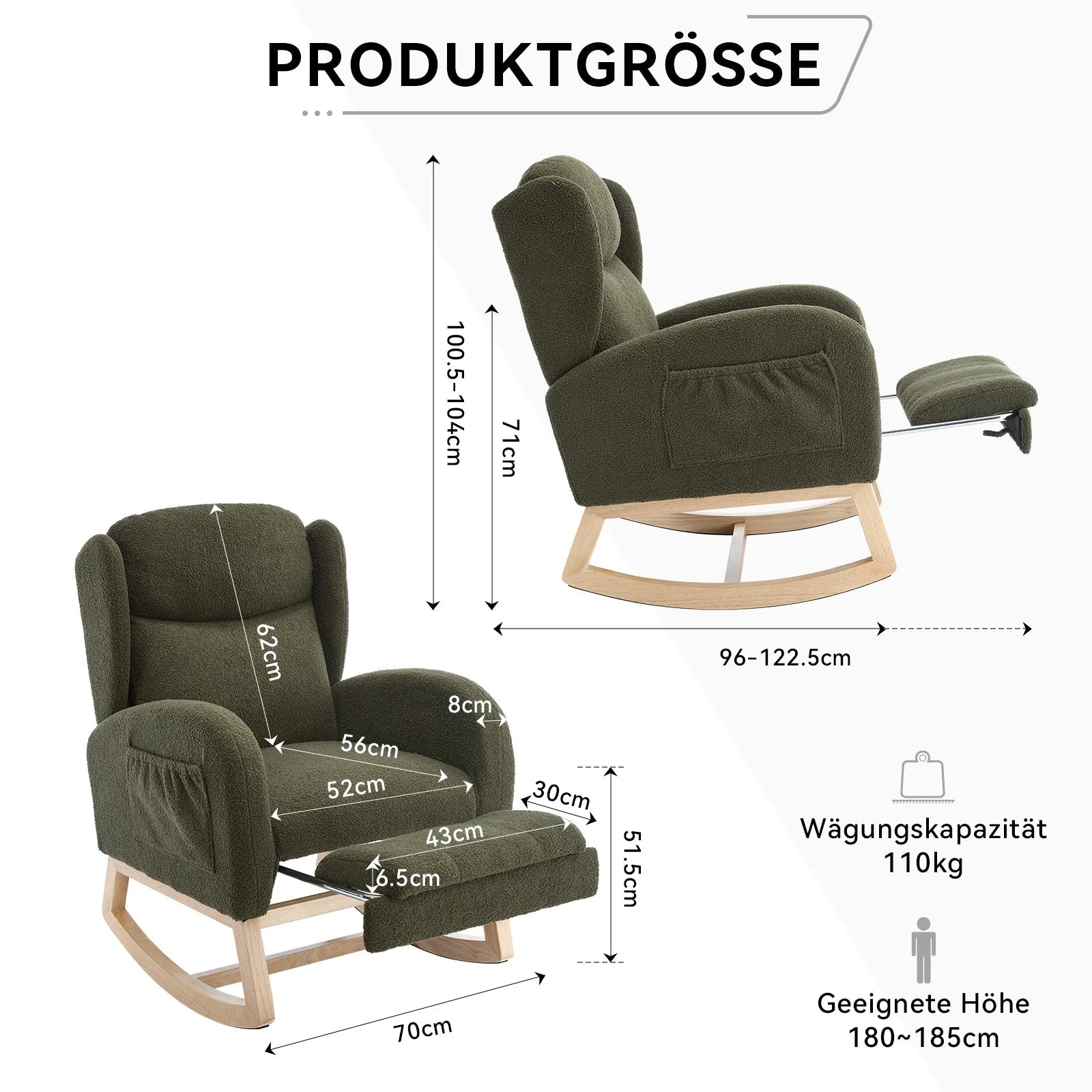 049B Rocking Chair, Nursing Lounge Chair with Adjustable Footrest, High Back, Teddy Fabric, Green - Image 2