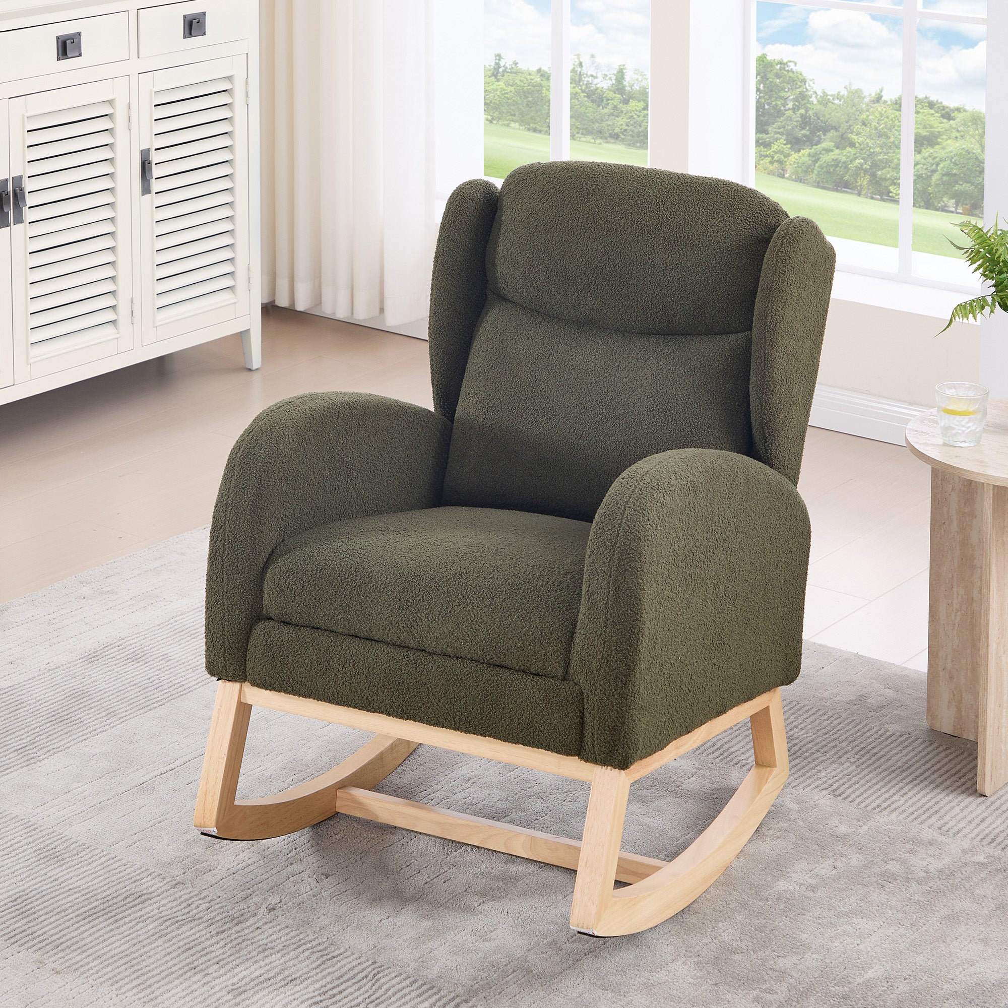 049B Rocking Chair, Nursing Lounge Chair with Adjustable Footrest, High Back, Teddy Fabric, Green - Image 9