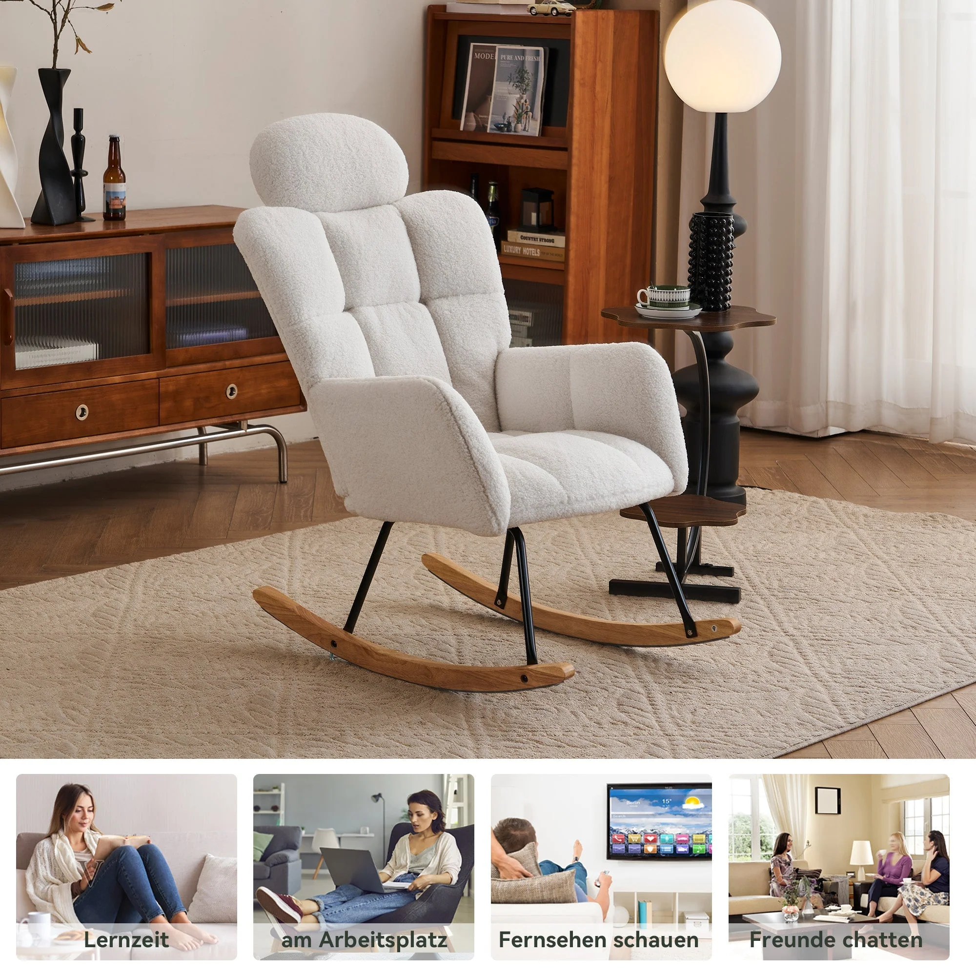 055 Rocking Chair, Tufted Upholstered Seat, White - Image 5