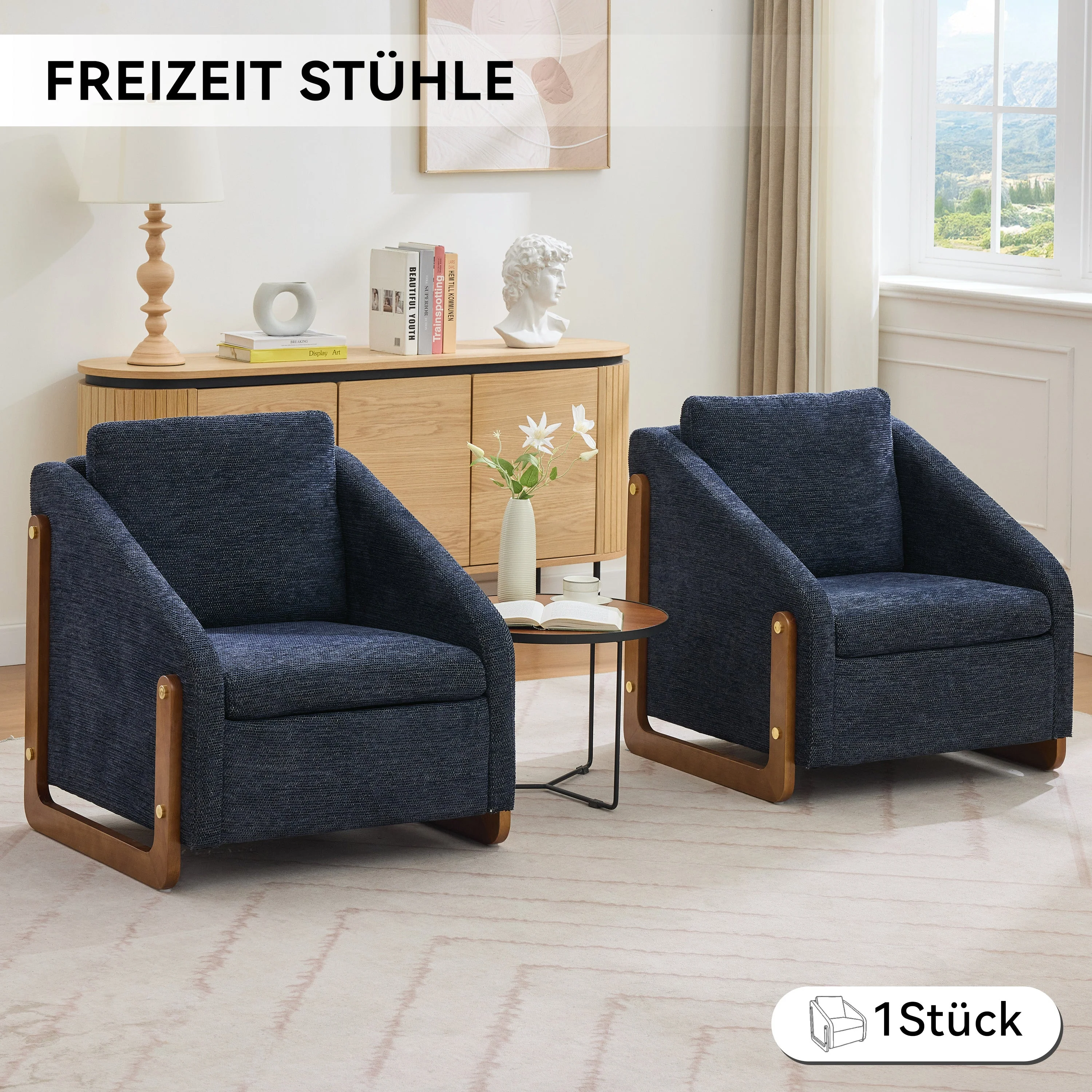 057 Armchair, Modern Lounge Chair with Wooden Armrests, Blue Chenille Fabric - Image 3