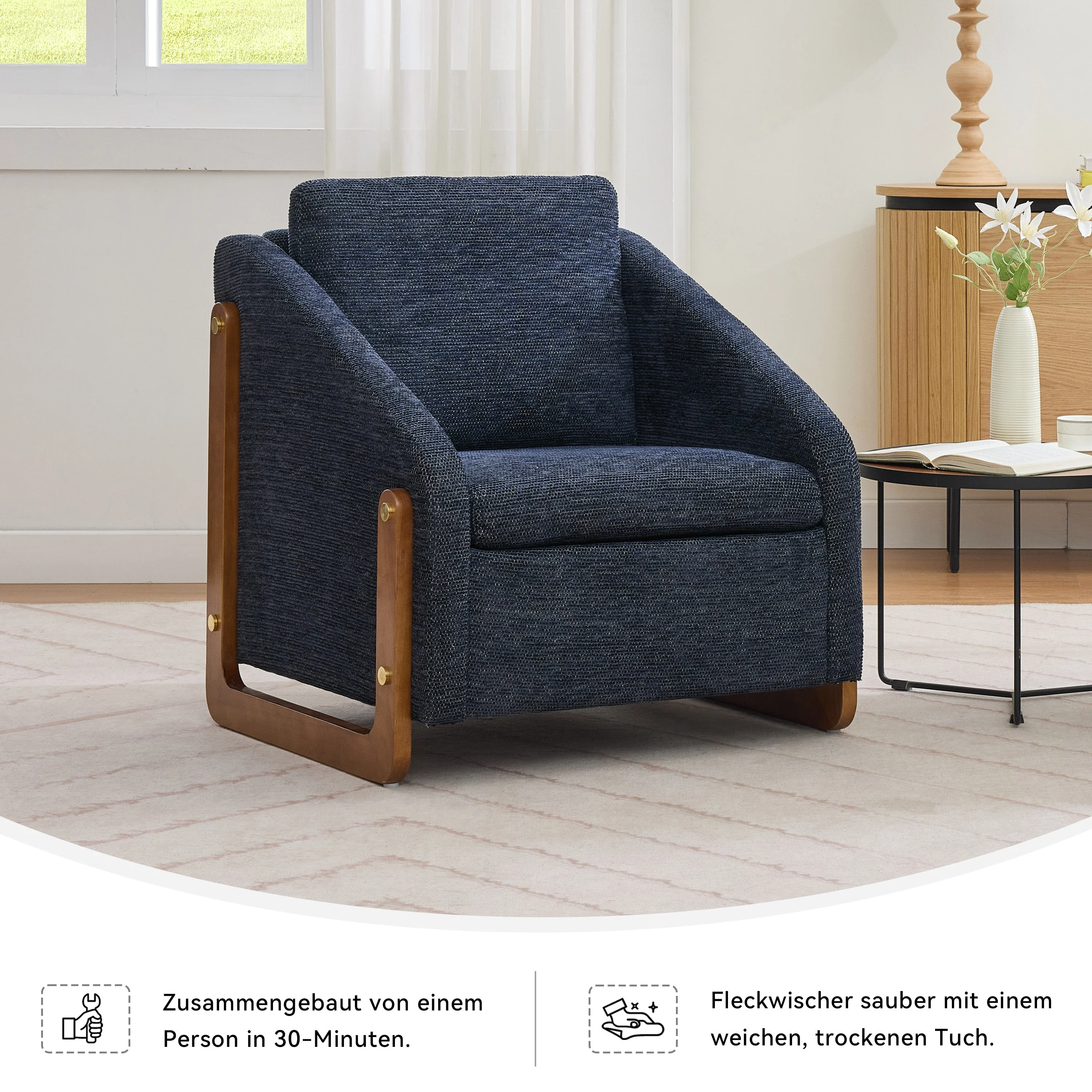 057 Armchair, Modern Lounge Chair with Wooden Armrests, Blue Chenille Fabric - Image 6