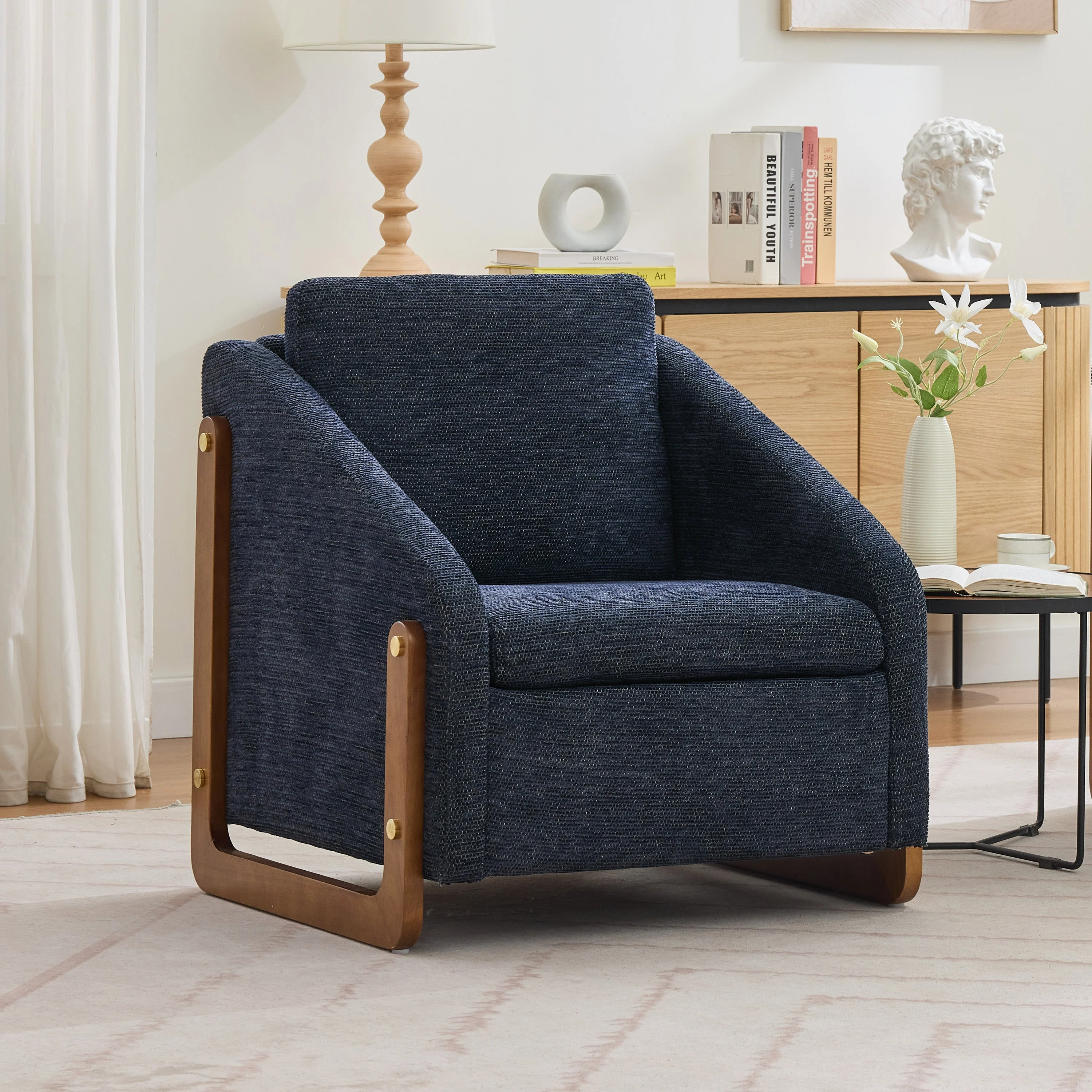 057 Armchair, Modern Lounge Chair with Wooden Armrests, Blue Chenille Fabric - Image 8