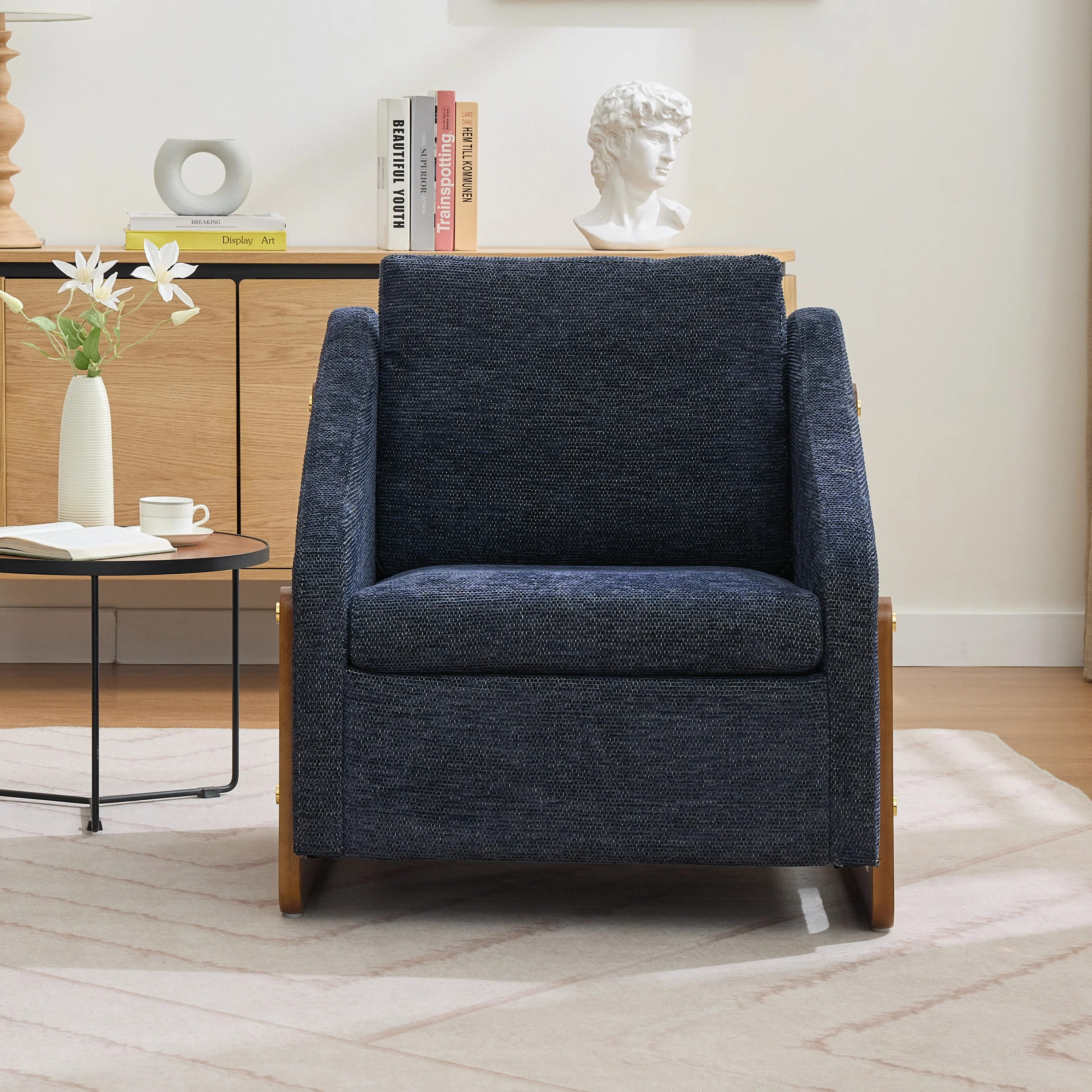 057 Armchair, Modern Lounge Chair with Wooden Armrests, Blue Chenille Fabric - Image 9