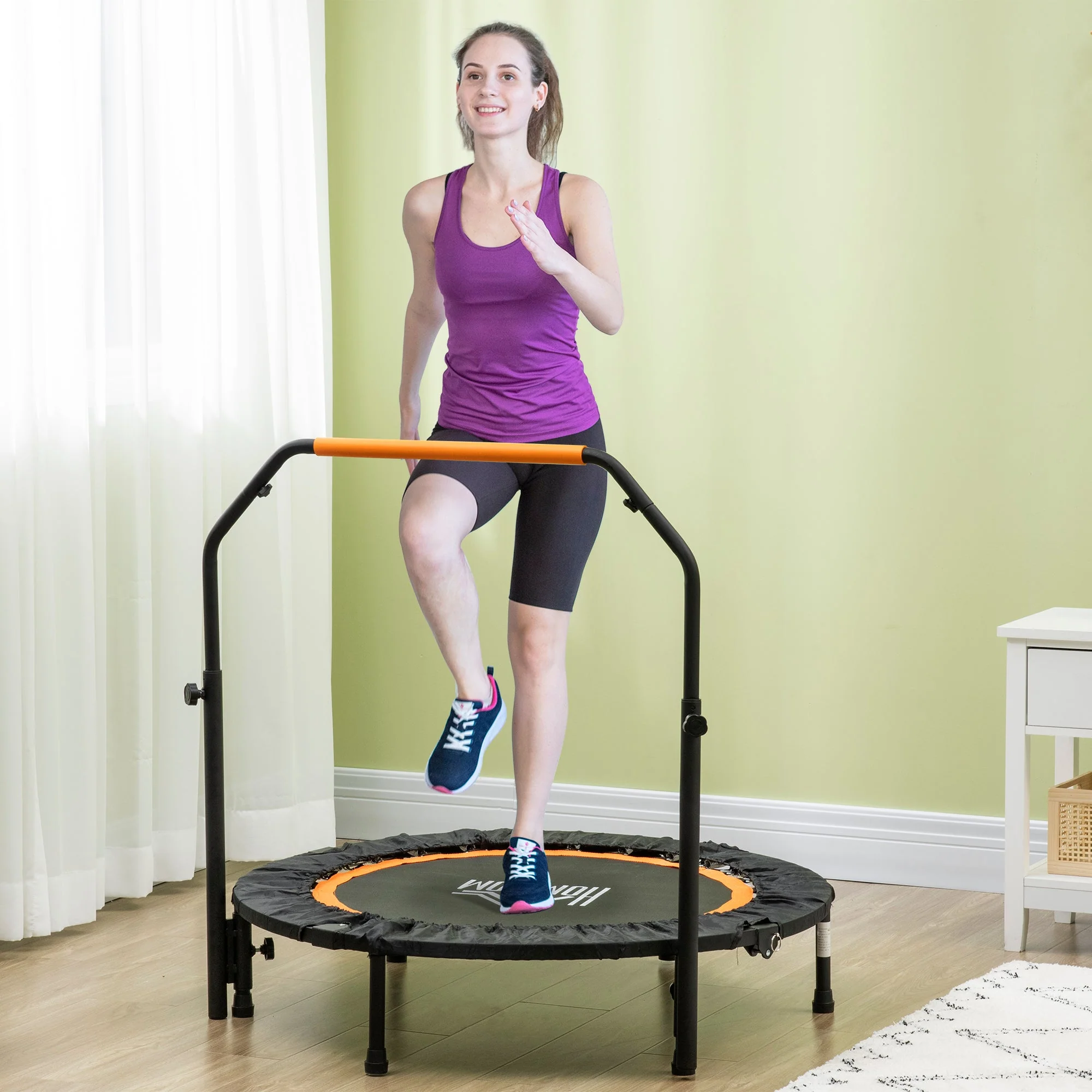 102 cm Fitness Trampoline, Foldable Mini with Adjustable Handlebar, Black