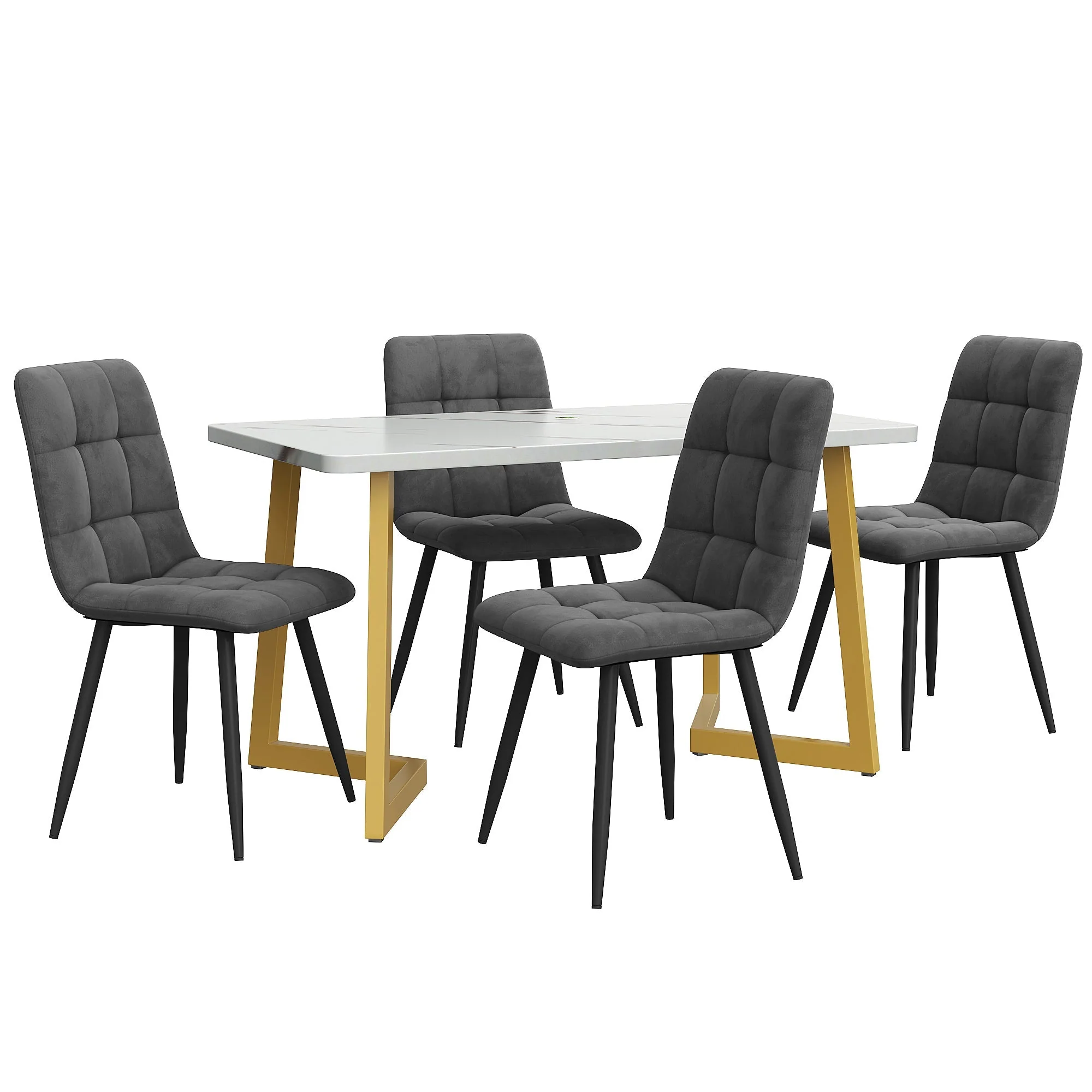 117cm Dining Set Rectangular Table Modern Dark Grey Velvet Chairs Gold Legs - Image 3