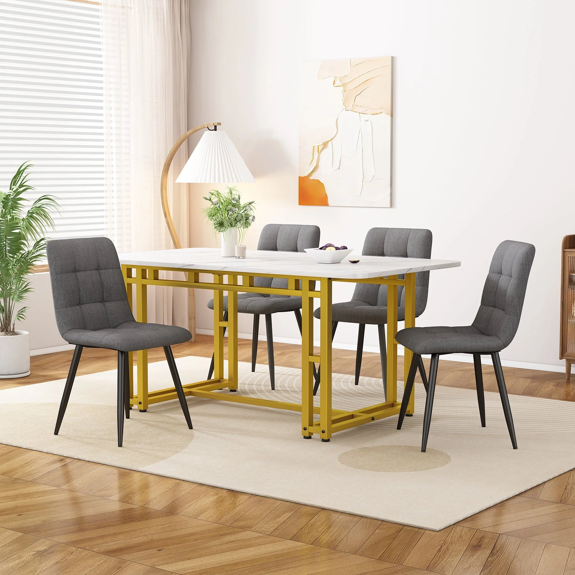 120x70cm Dining Table Set 4 Chairs Modern Kitchen Dark Grey Linen Golden Iron
