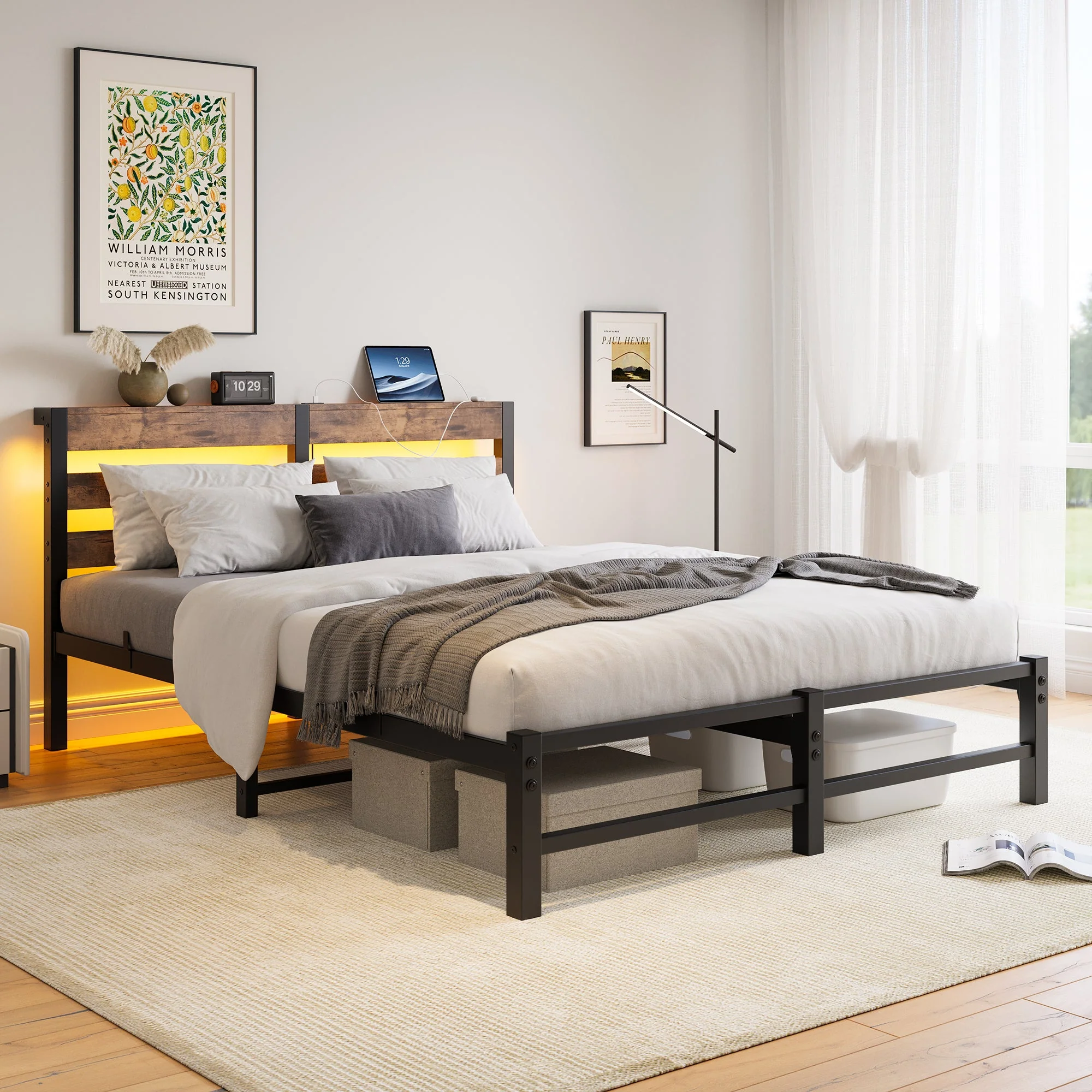 140x190 Bed Frame, LED & USB Charging, Storage Space, Metal - Image 2