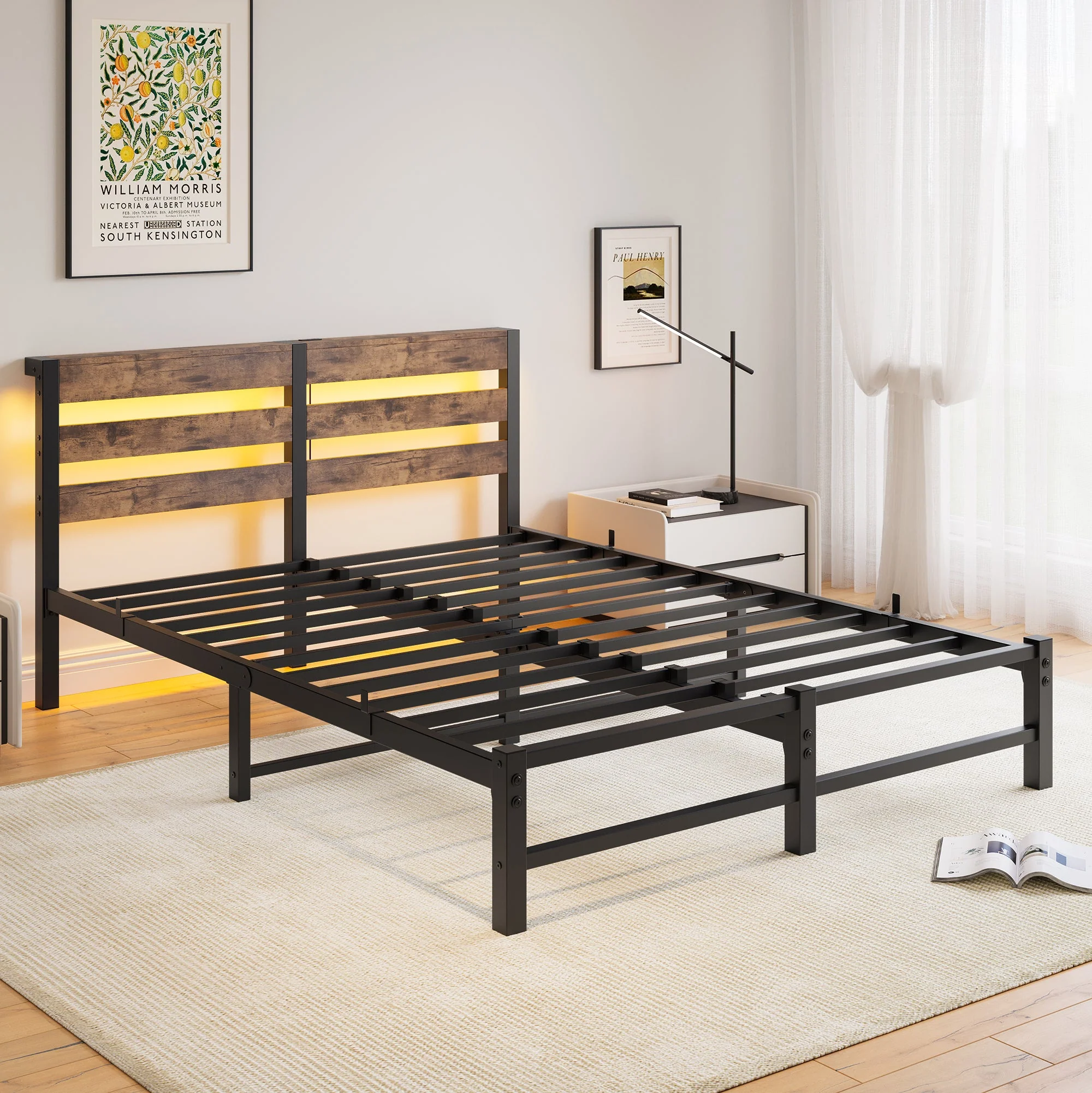 140x190 Bed Frame, LED & USB Charging, Storage Space, Metal - Image 4