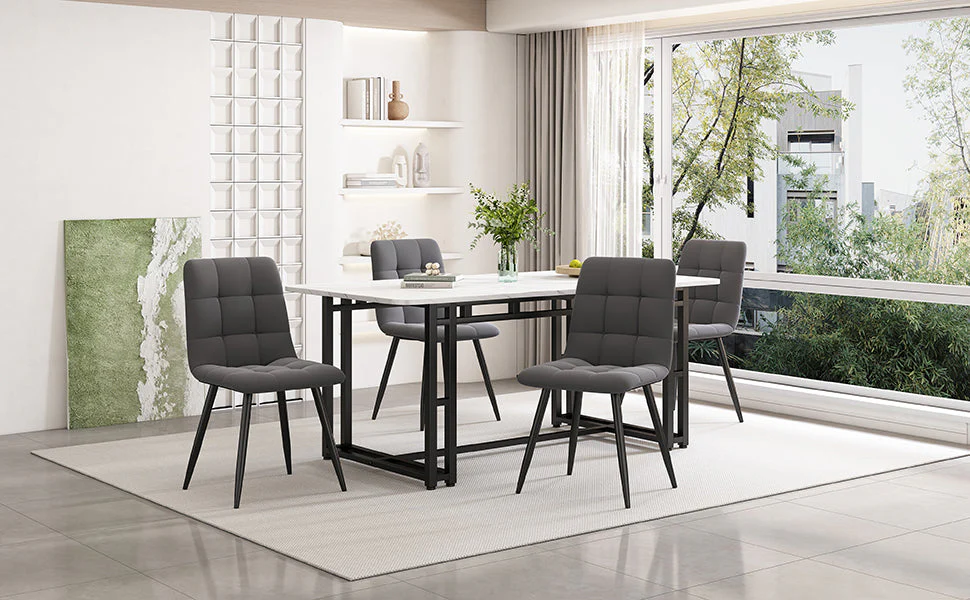 140x80cm Dining Table Set 4 Chairs, Modern Kitchen Dark Grey Velvet, Black Iron - Image 2