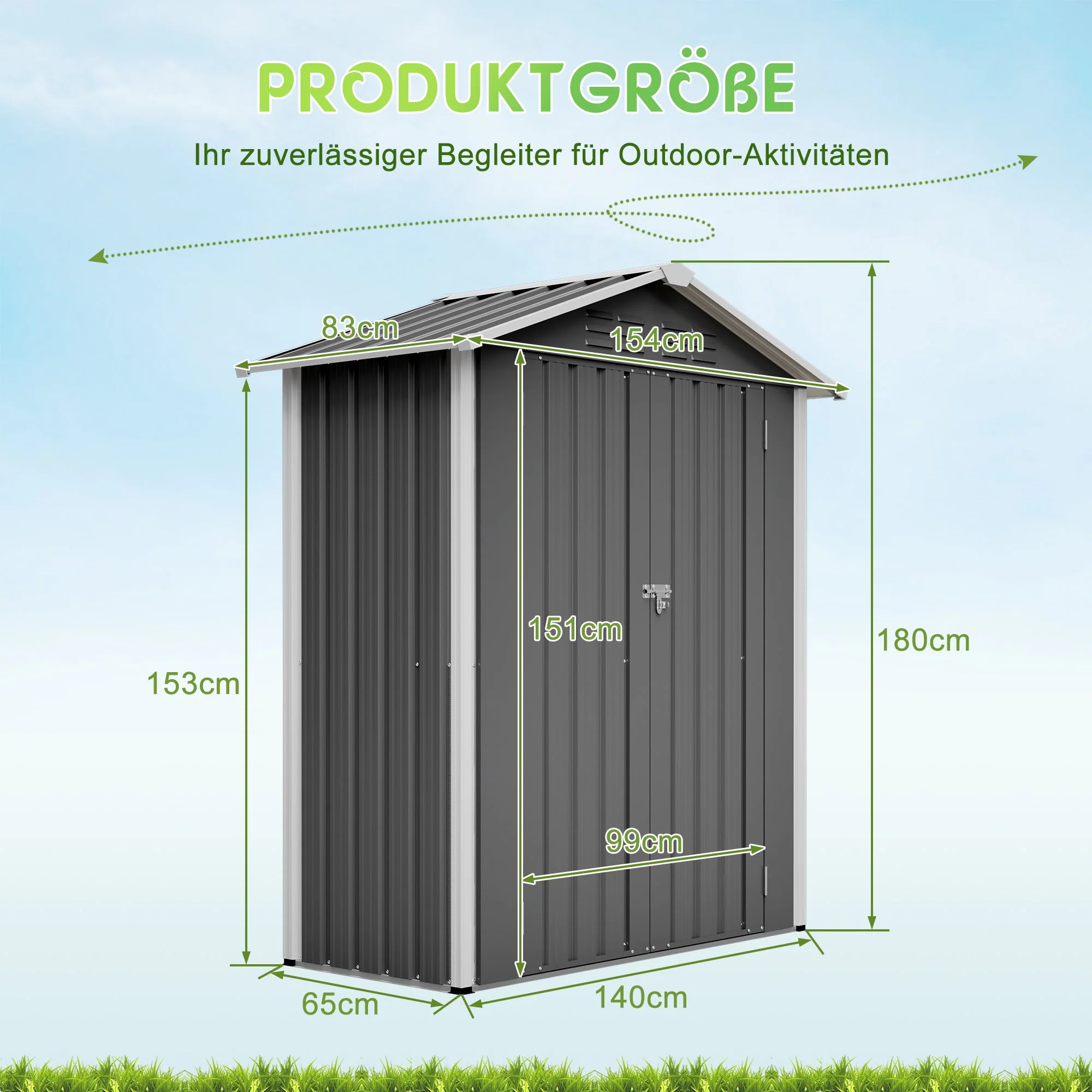 154x83x180cm Metal Garden Shed, Ventilated & Lockable, Grey - Image 3