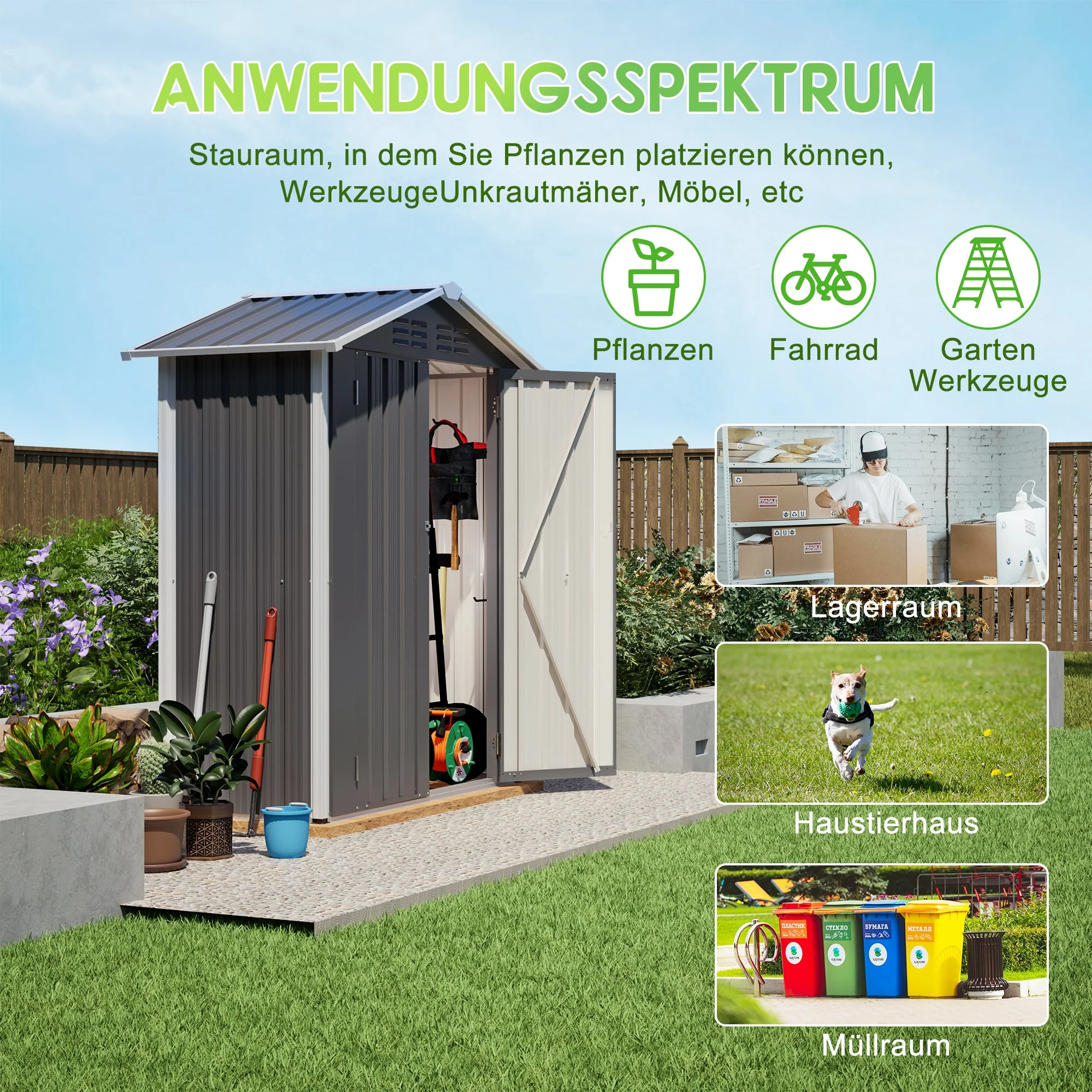 154x83x180cm Metal Garden Shed, Ventilated & Lockable, Grey - Image 8