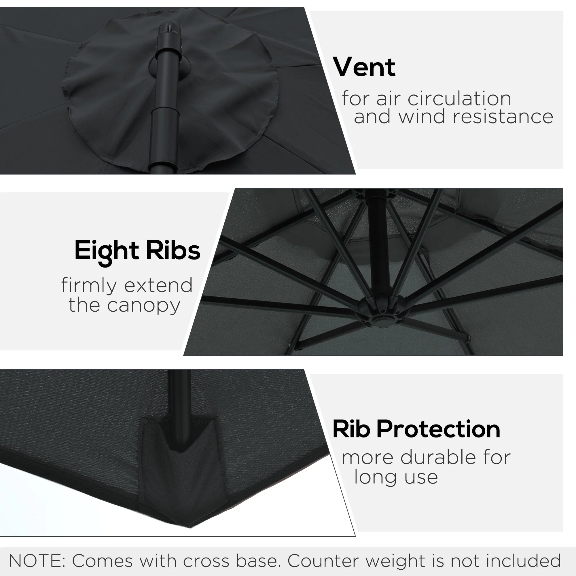 2.45m Cantilever Parasol, Heavy Duty Waterproof Garden Umbrella, Black - Image 5