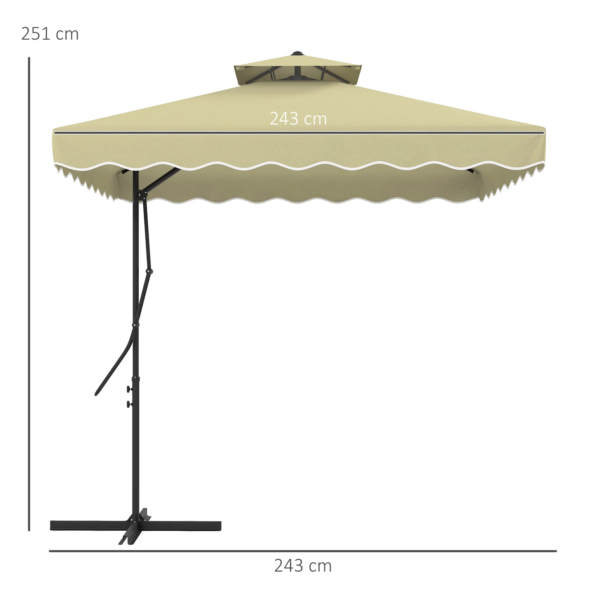 2.5m Square Double Top Cantilever Parasol with Ruffles, Beige - Image 3