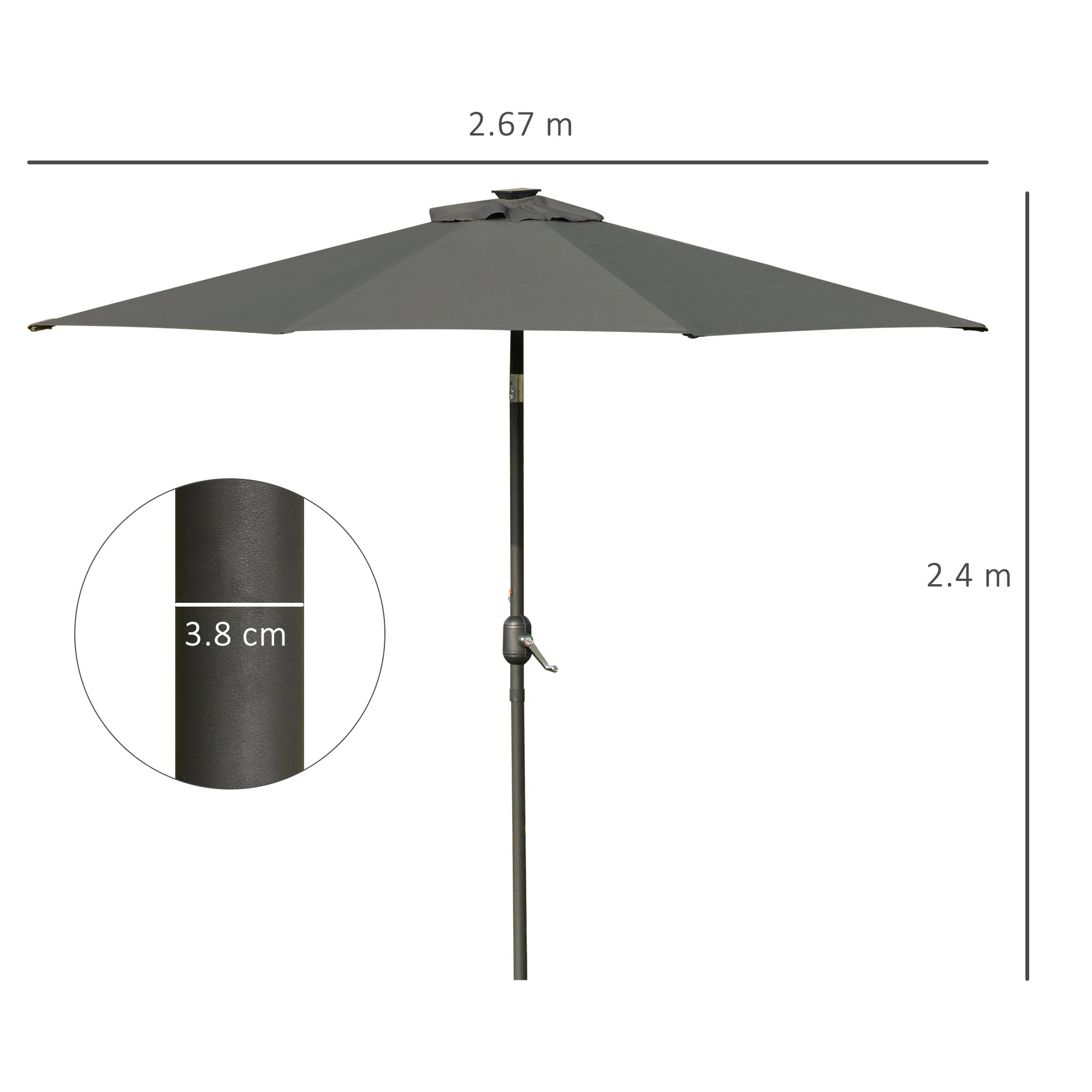 2.7m Patio Umbrella Parasol with Tilt Crank and 24 LED Lights - Grey - Image 3