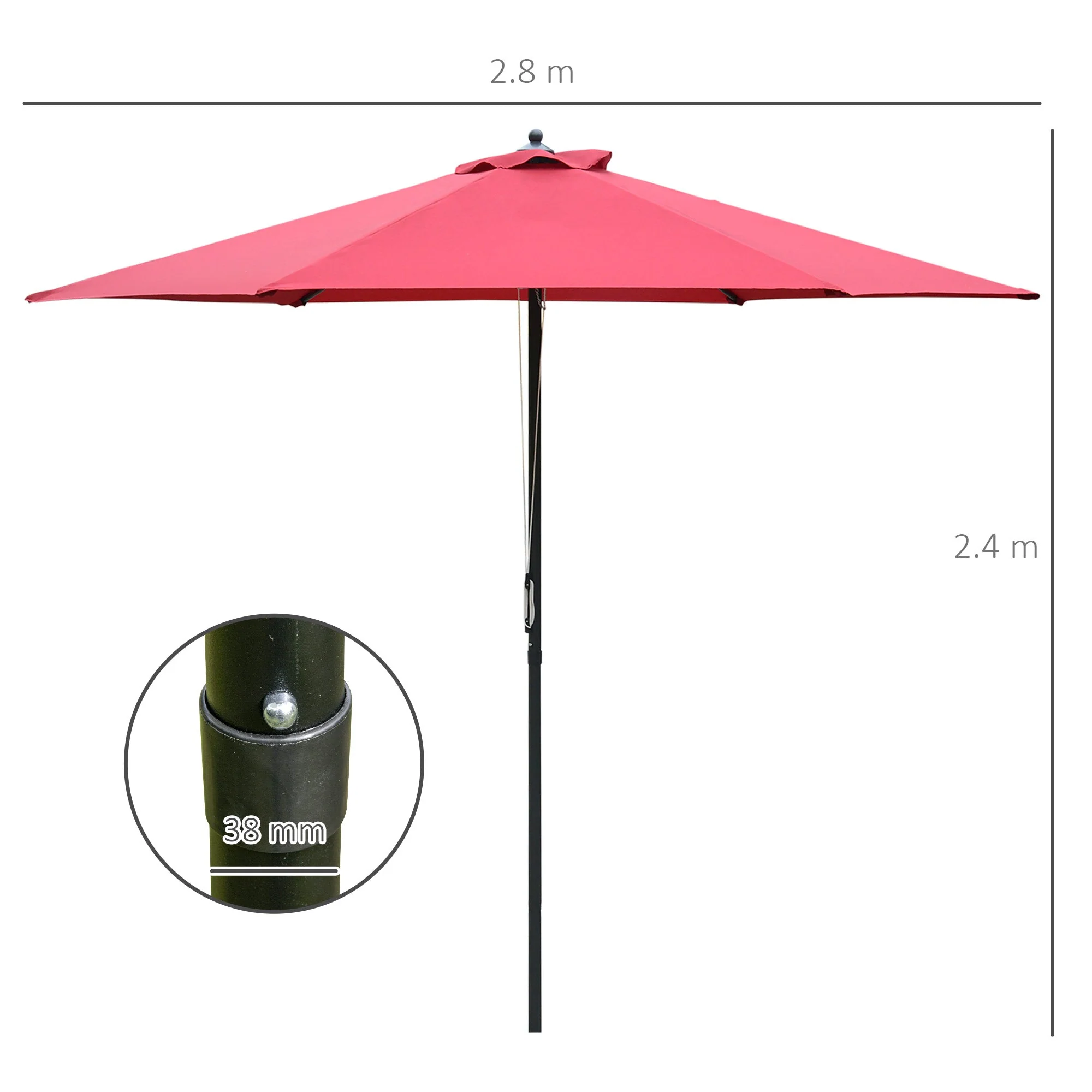 2.8m Garden Parasol Umbrella Round Outdoor Sun Shade Canopy Wine Red - Image 3