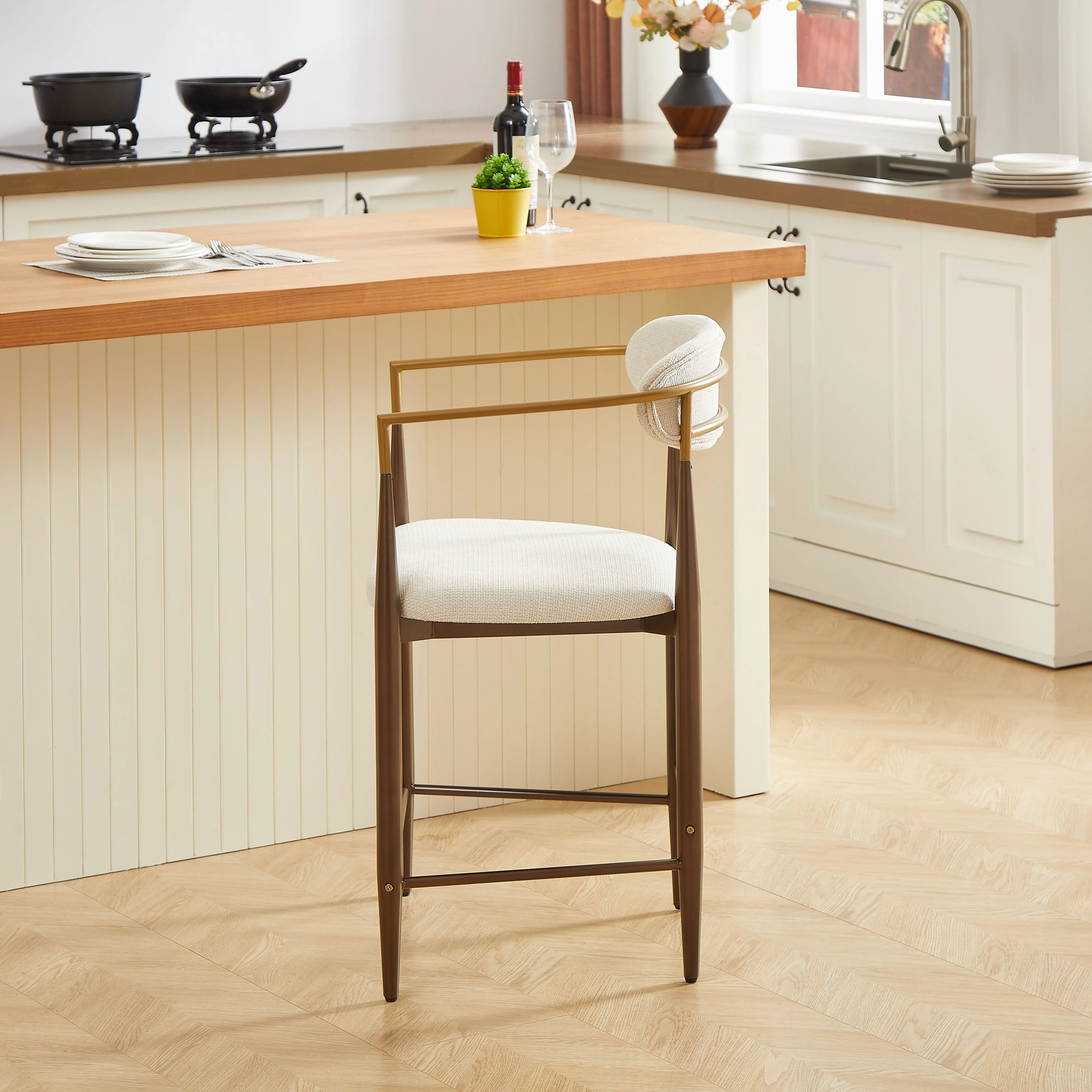 2 Bar Stools French Country Style Armrests - Cream Fabric - Image 7