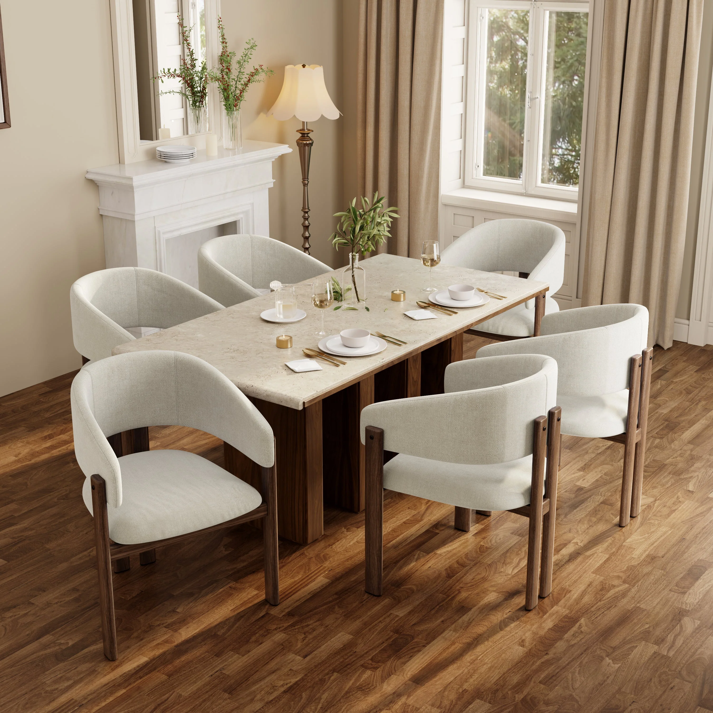 2 Dining Chairs Metal Wood Look Modern Linen Fabric - Walnut - Image 4