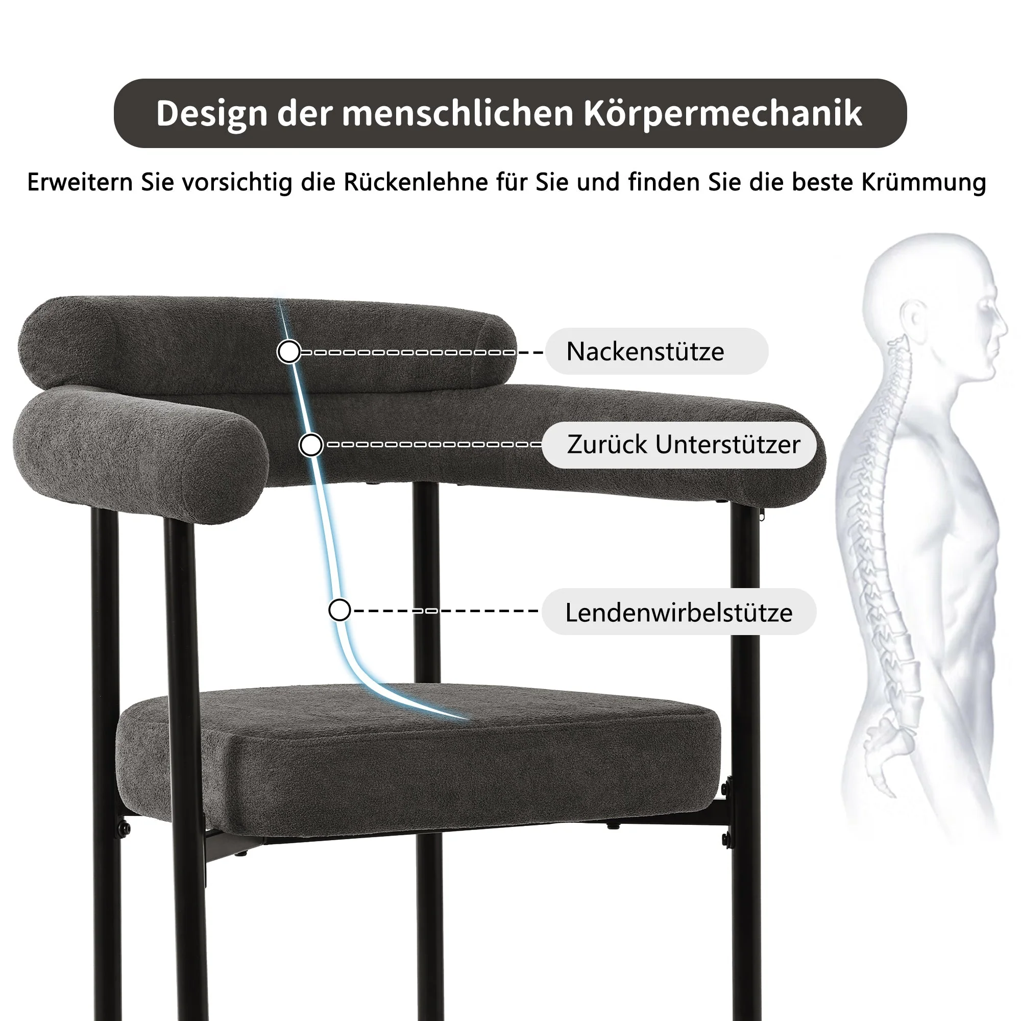 2 Dining Chairs Modern Simple Comfortable Ring Seats Dark Grey Suede Fabric - Image 7