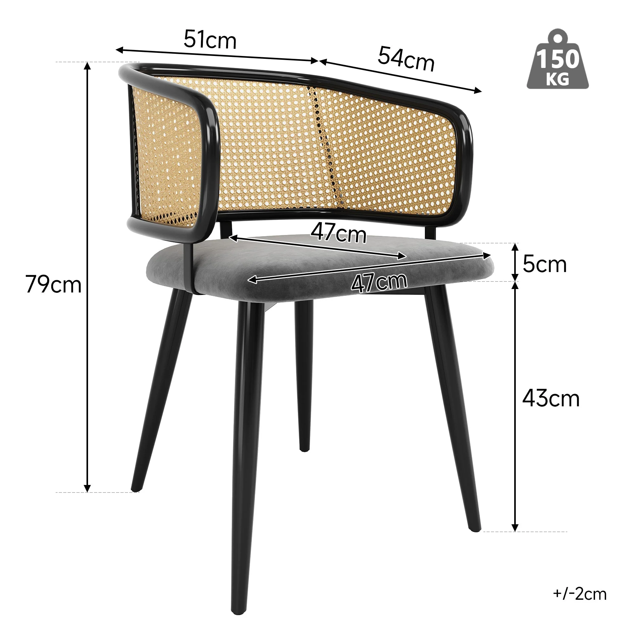 2 Dining Chairs Rattan Back Velvet Seat - Modern Style - Image 3