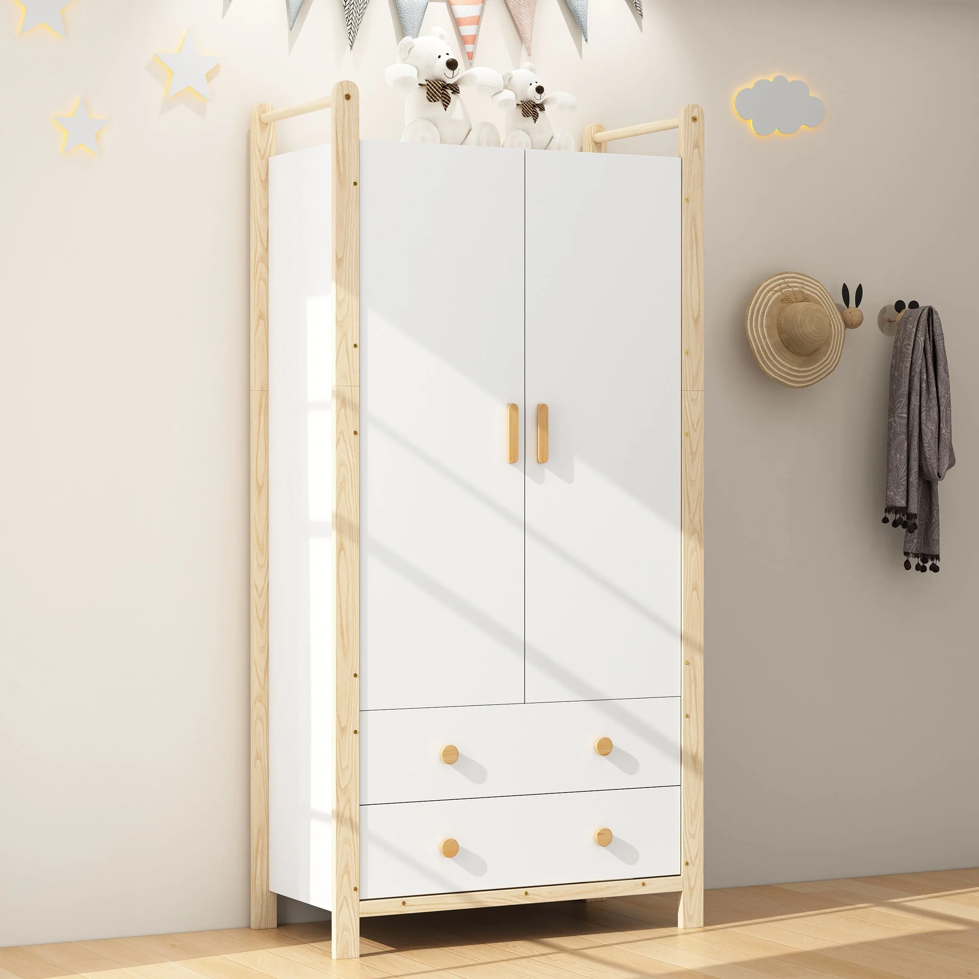 2-Door Wardrobe with Clothes Rail & 2 Drawers, 90x45x180 cm - White/Pine - Image 3