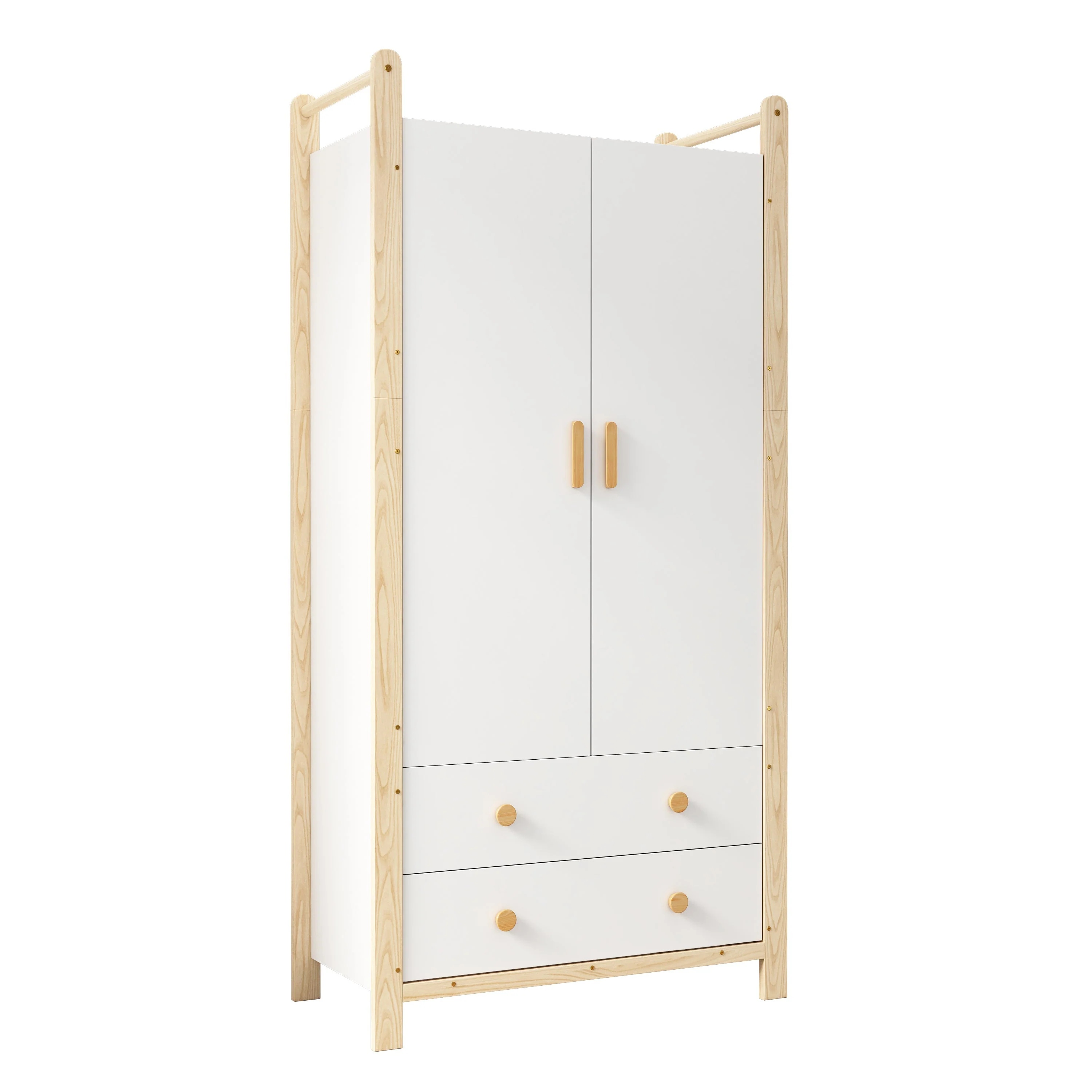 2-Door Wardrobe with Clothes Rail & 2 Drawers, 90x45x180 cm - White/Pine - Image 6