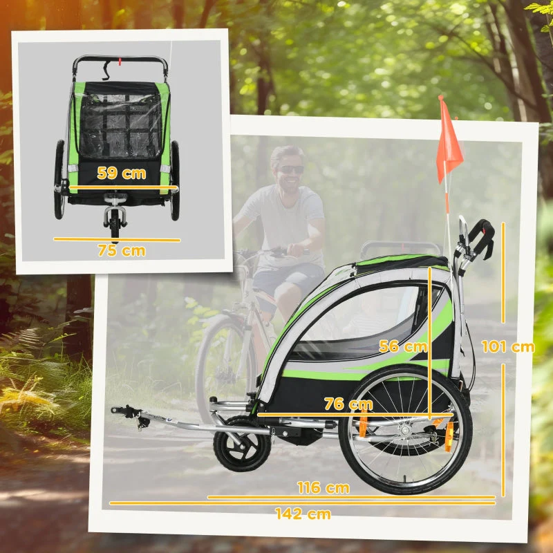 2-in-1 Bicycle Trailer, 2 Children, Push-along, Rain Cover, Brake, Green - Image 3