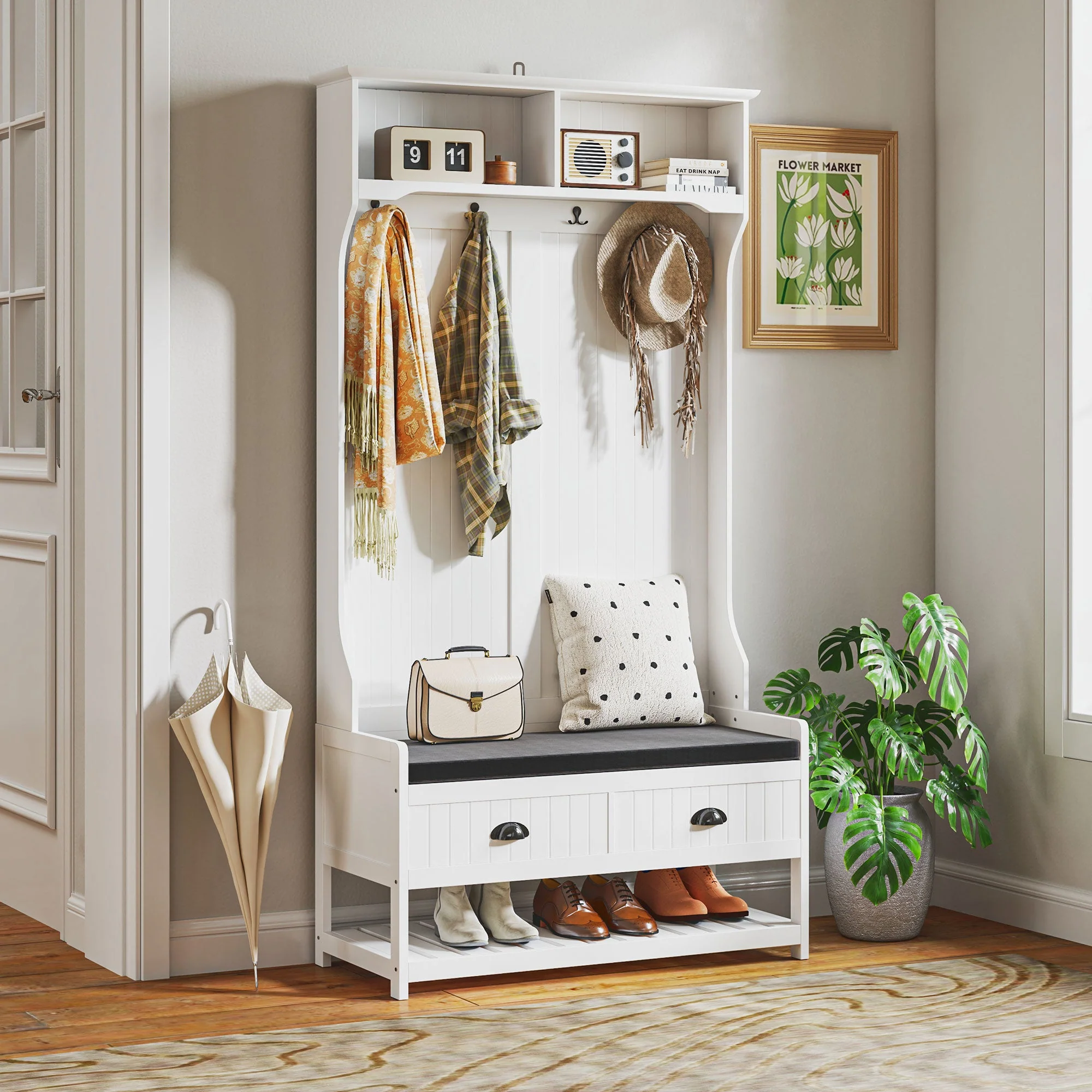 2-in-1 Coat Rack & Wardrobe, Shoe Bench, 4 Hooks, Anti-Tip Protection, White+Grey - Image 7