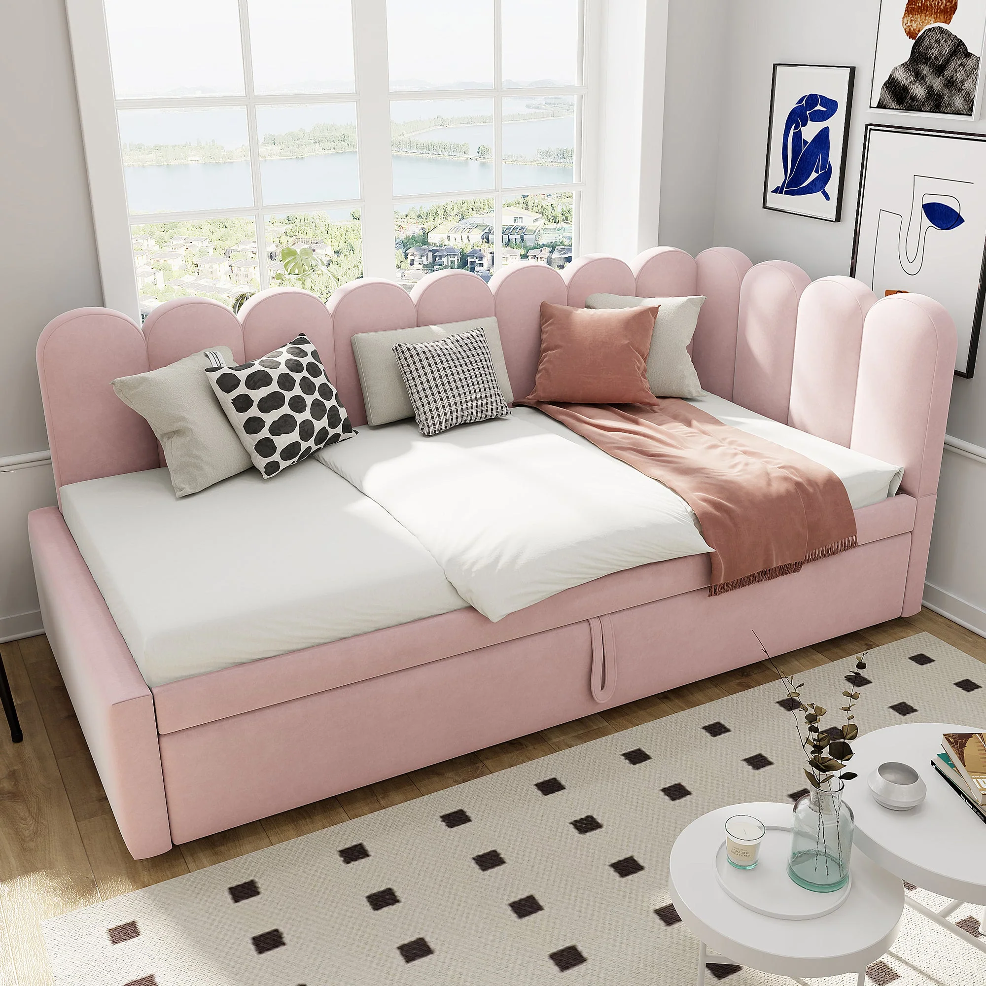 2-in-1 L-Shaped Sleeper Sofa 90/180 x 200 cm Space-Saving Upholstered Velvet Pink - Image 2
