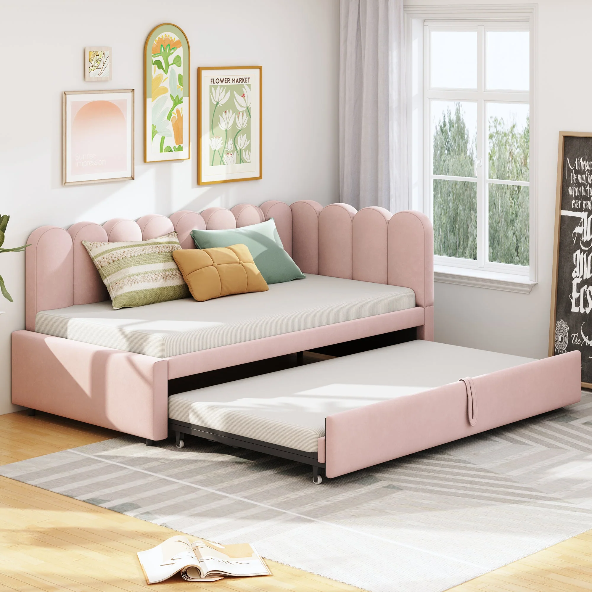 2-in-1 L-Shaped Sleeper Sofa 90/180 x 200 cm Space-Saving Upholstered Velvet Pink - Image 5