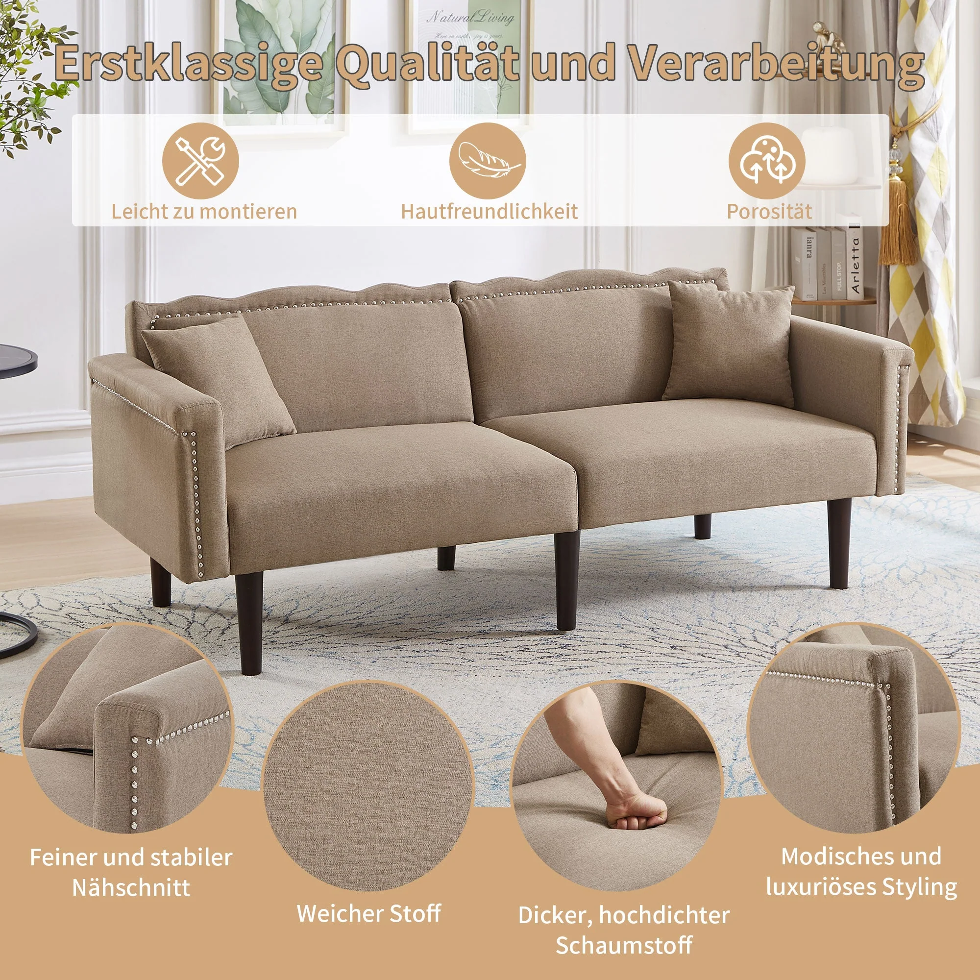 2-in-1 Multifunctional Sofa Bed, Two-Seater Reclining with Adjustable Backrests, High-Density Foam, Cotton Linen - Image 6