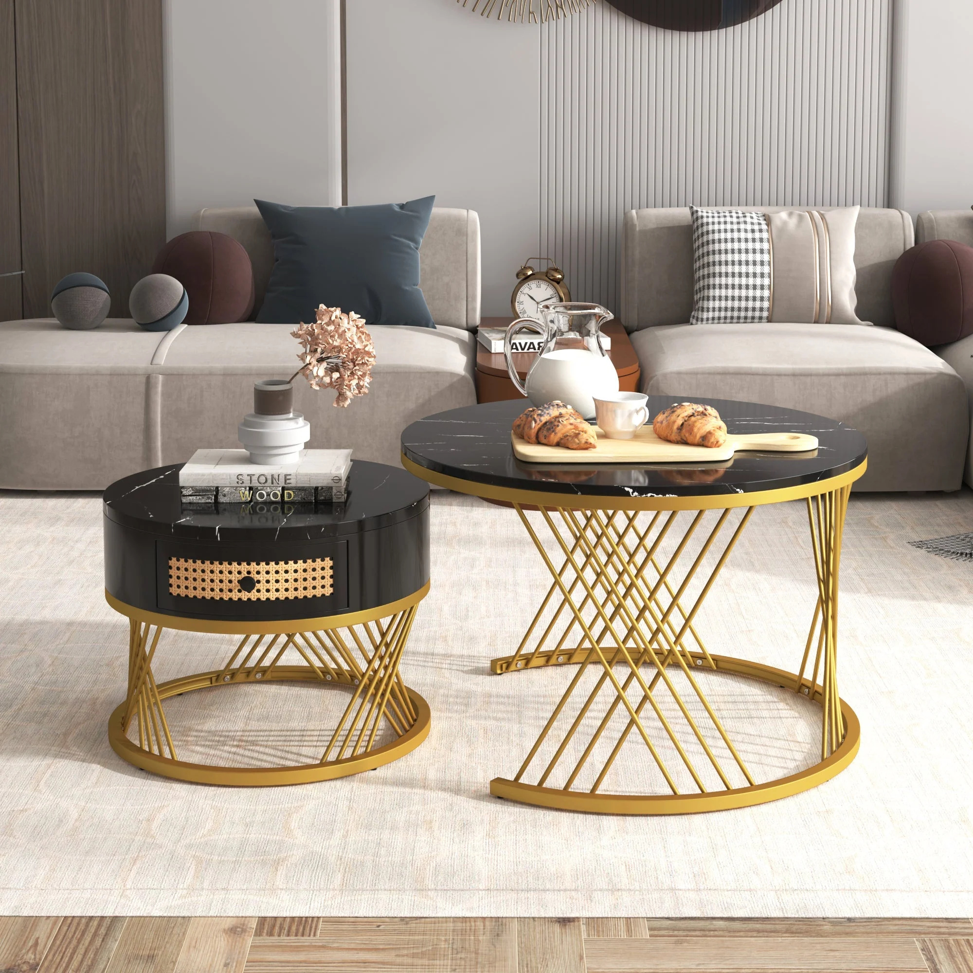 2-in-1 Round Coffee Table, Marble Top, Rattan Drawers, MDF & Gold - Image 7