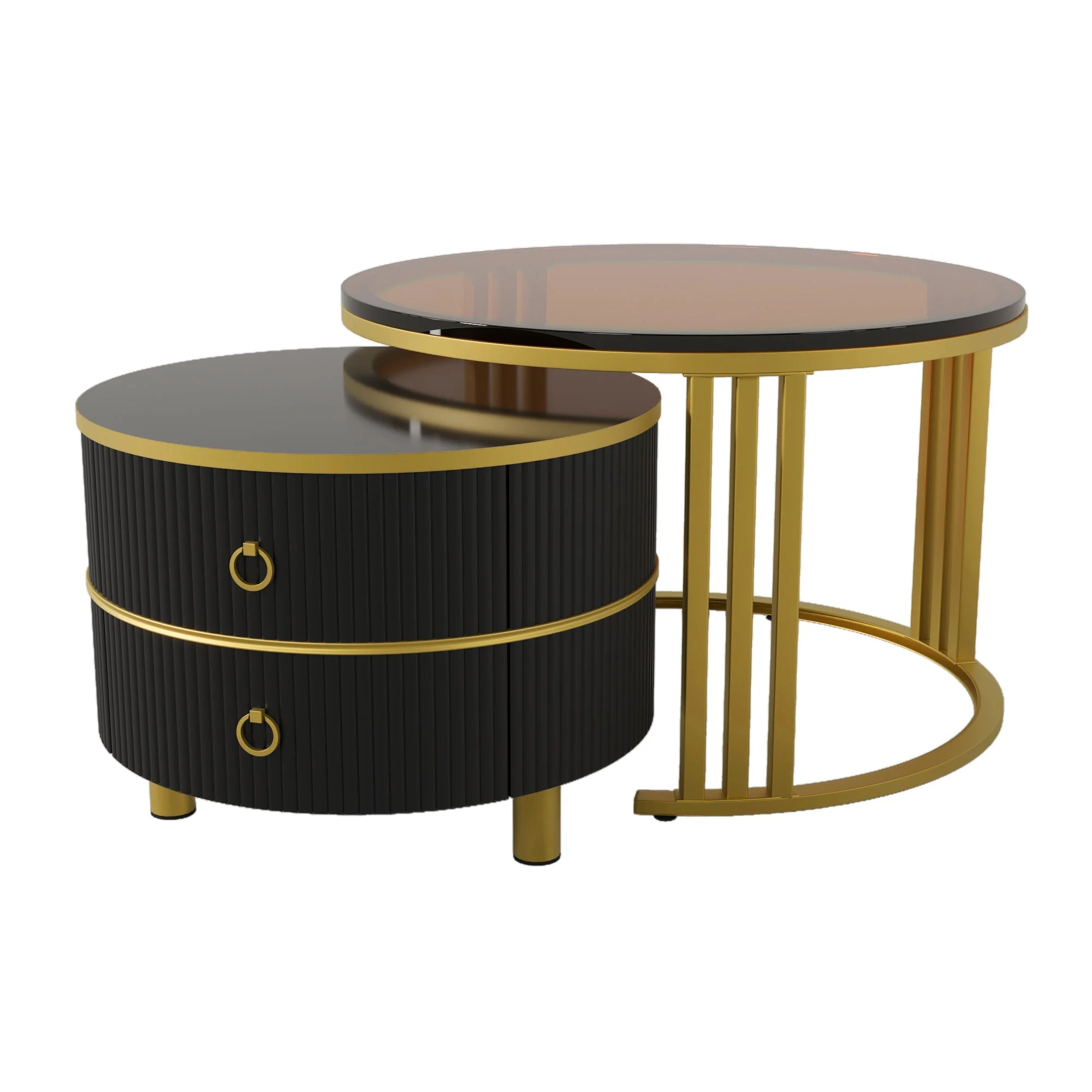 2-in-1 Round Coffee Table Set with 2 Drawers, MDF & Tempered Glass, Brown - Image 5