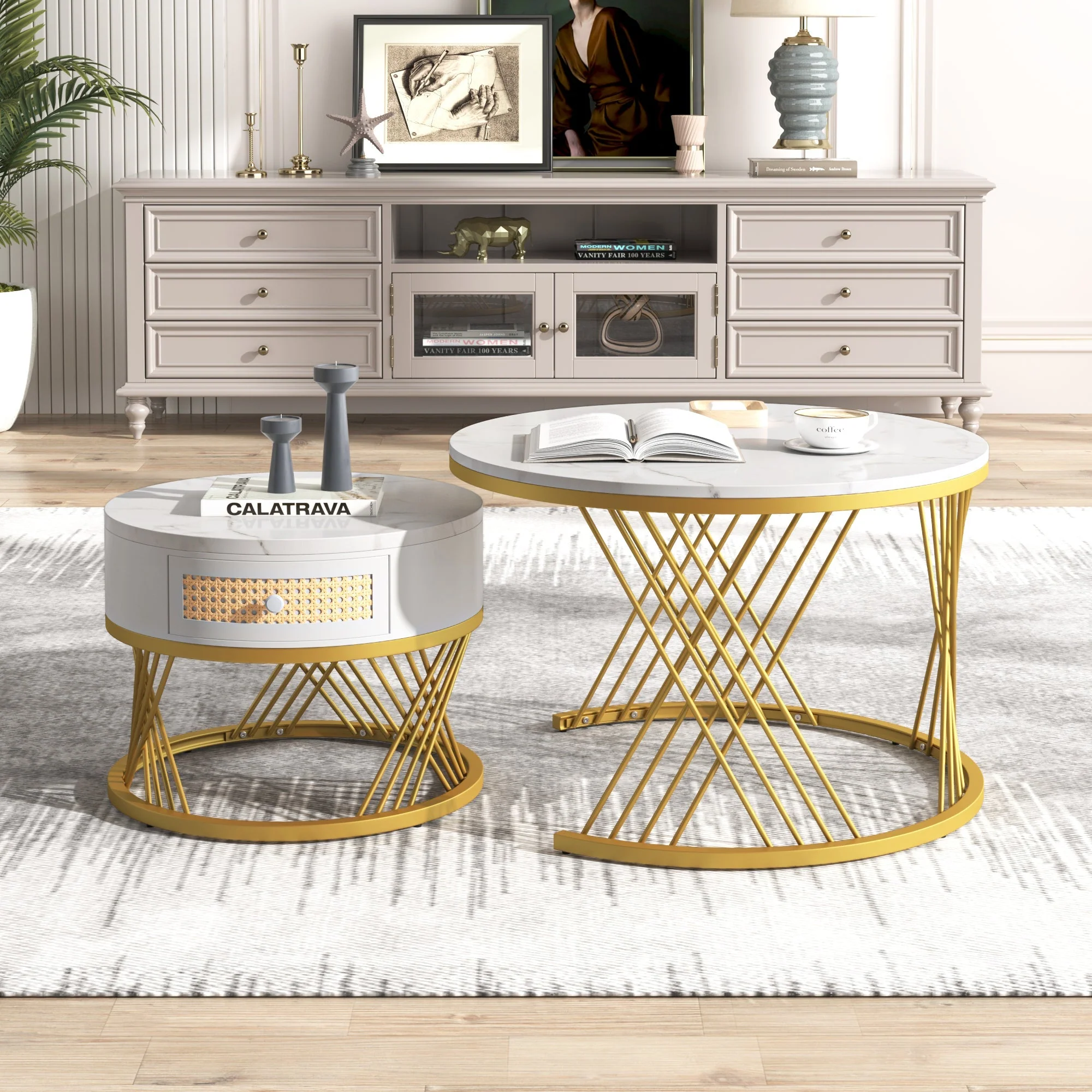 2-in-1 Round Coffee Table with Marble Grain Veneer Top, Rattan Drawers, Solid Wood Handles, and Gold Iron Legs - Image 3