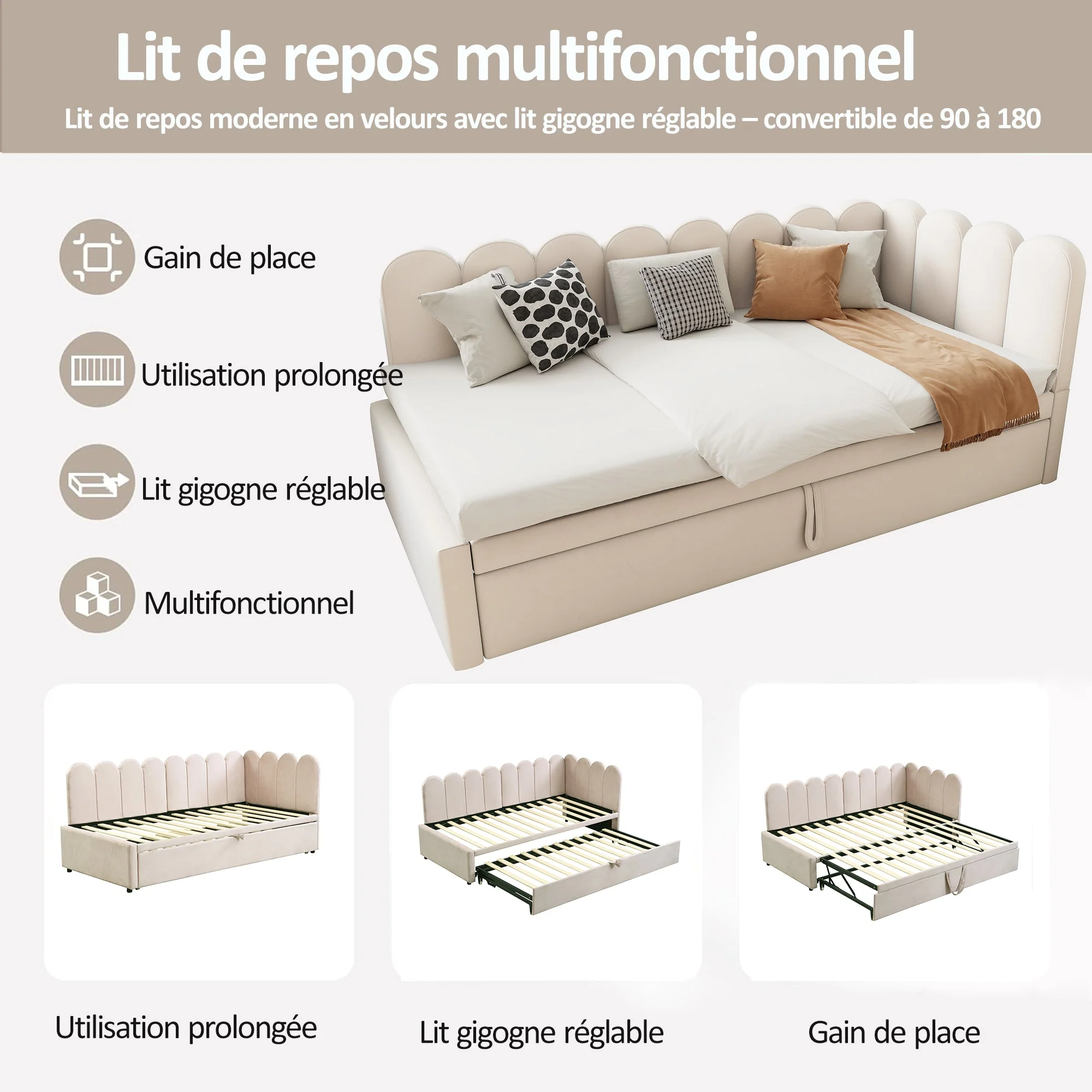2-in-1 Sleeper Sofa L-Shaped Multifunctional Bed 90/180x200cm Velvet Beige - Image 7