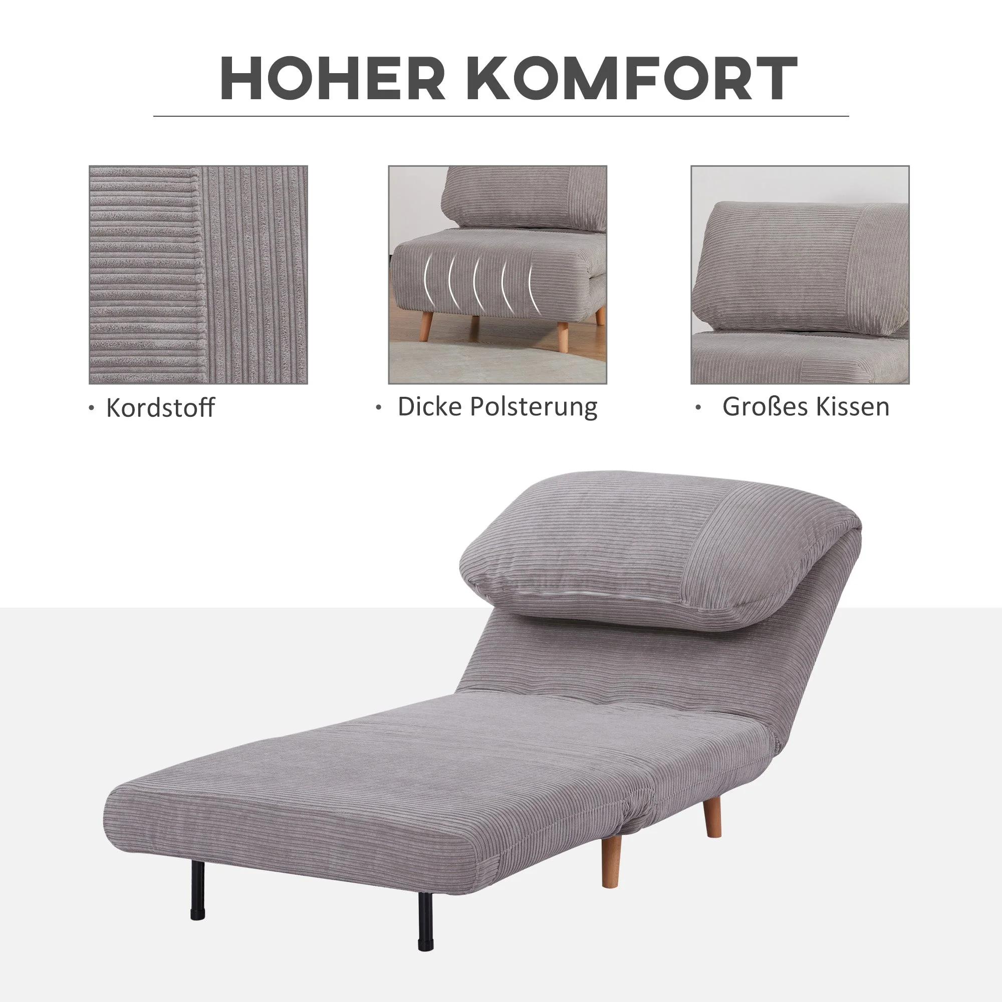 2-in-1 Sofa Bed Sleeper Chair Adjustable Folding Mattress Corduroy Light Grey - Image 6