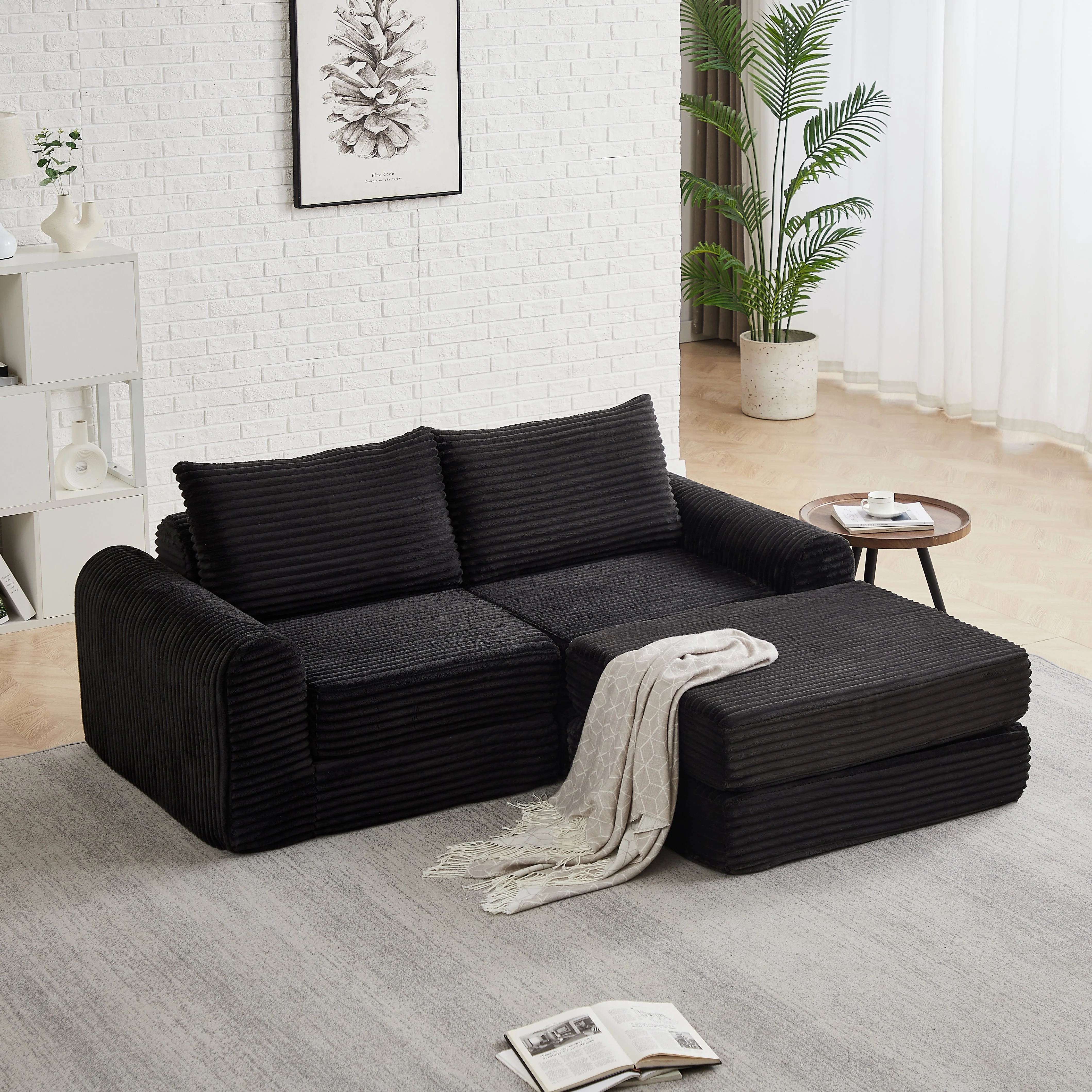2-in-1 Sofa Bed with Two Pillows and Removable Footstool, Corduroy