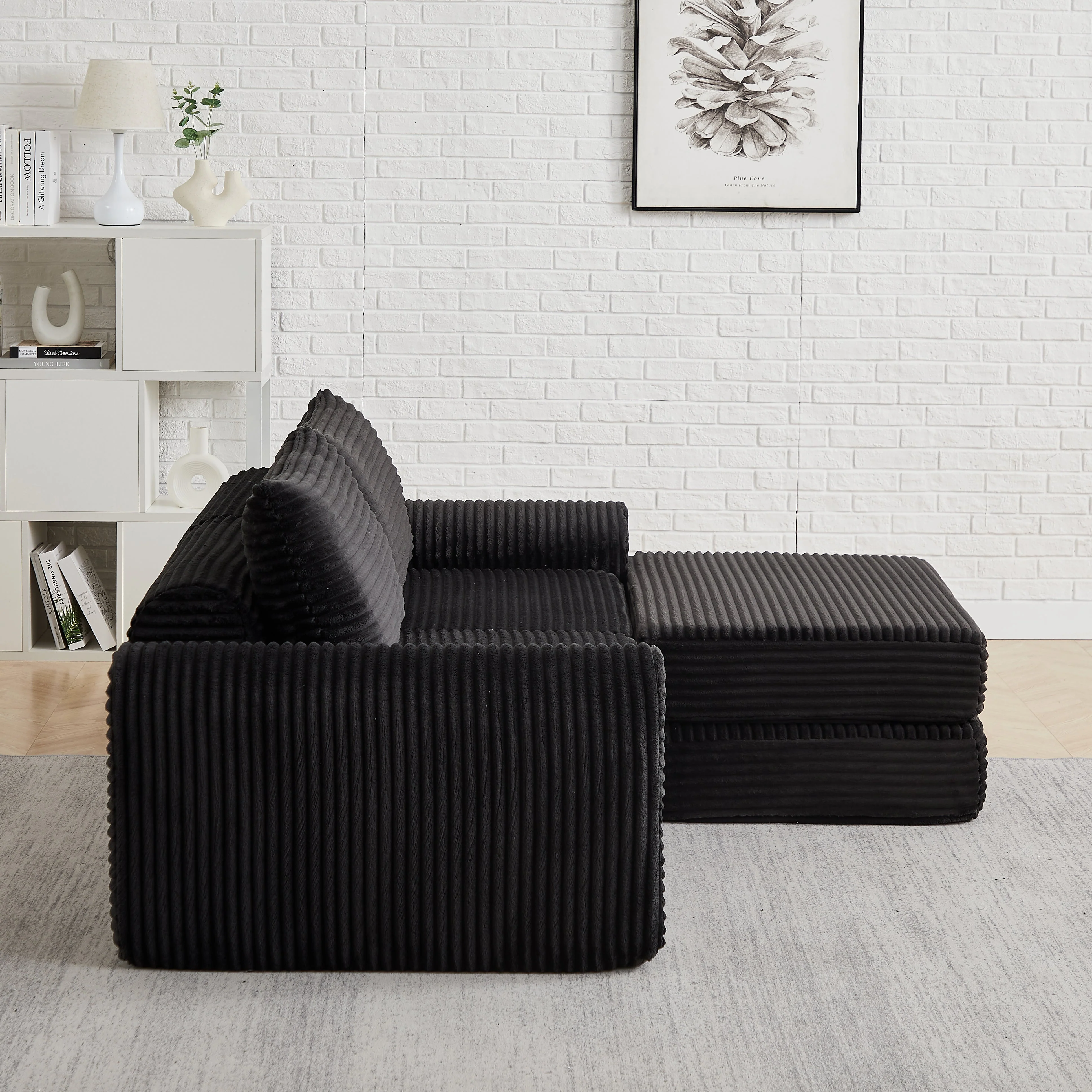 2-in-1 Sofa Bed with Two Pillows and Removable Footstool, Corduroy - Image 9