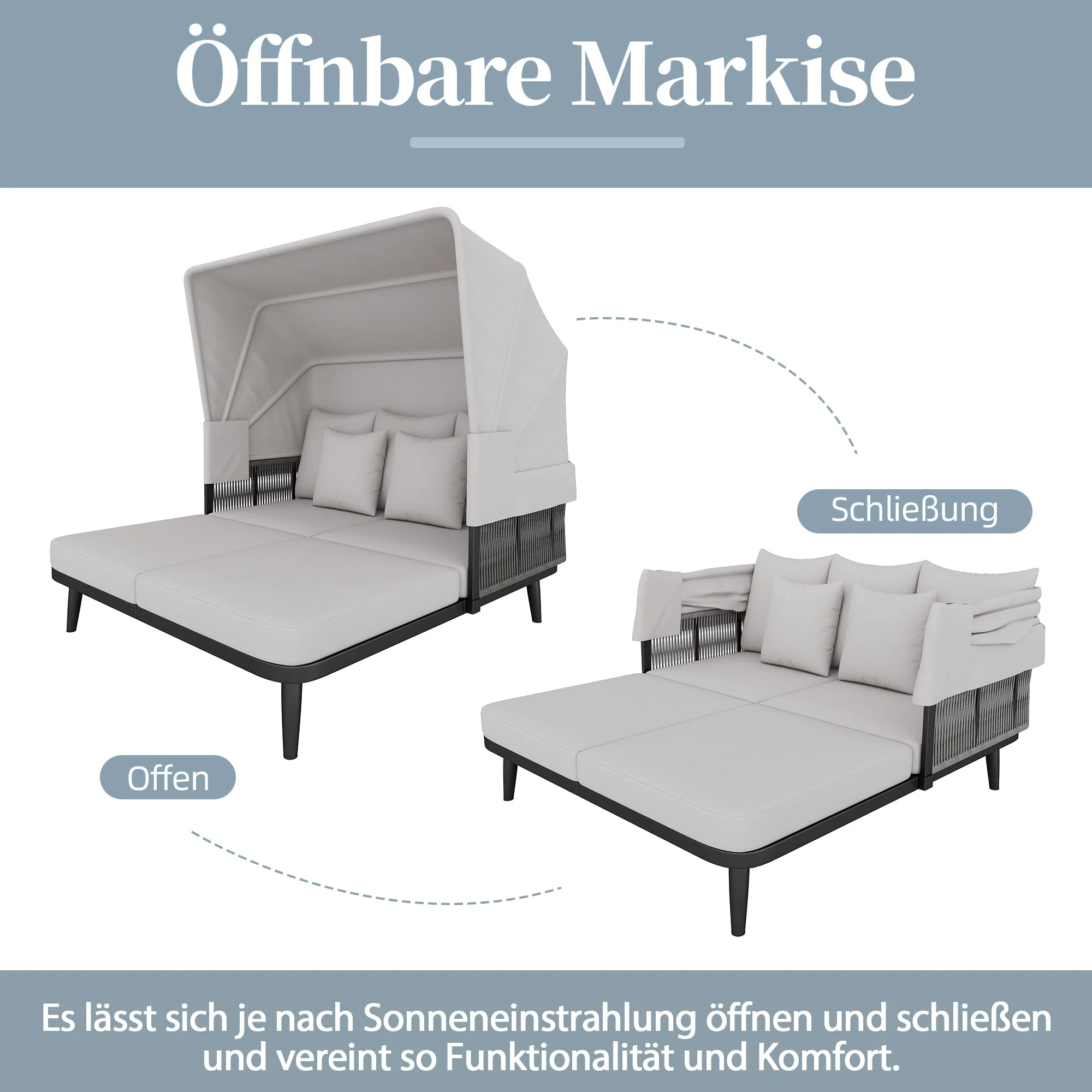 2-Person Garden Sun Lounger with Retractable Awning and Handwoven Rope, Grey - Image 5