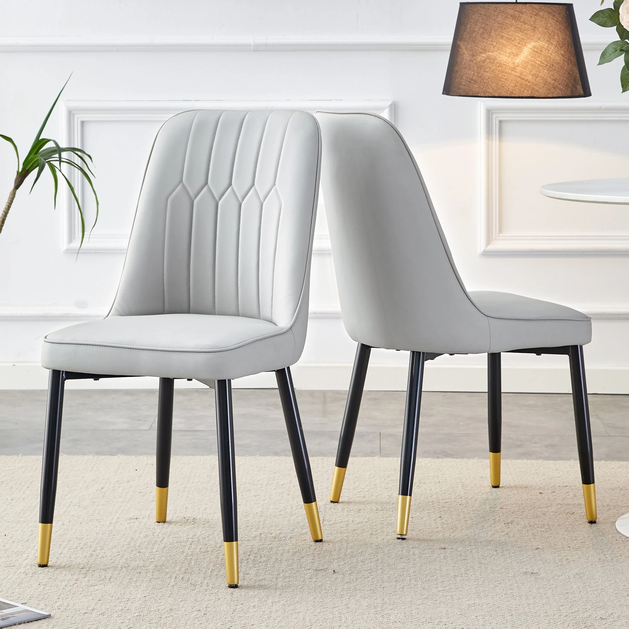 2-Piece Dining Chair Set PU Leather Back Black Metal Legs - Light Grey - Image 3