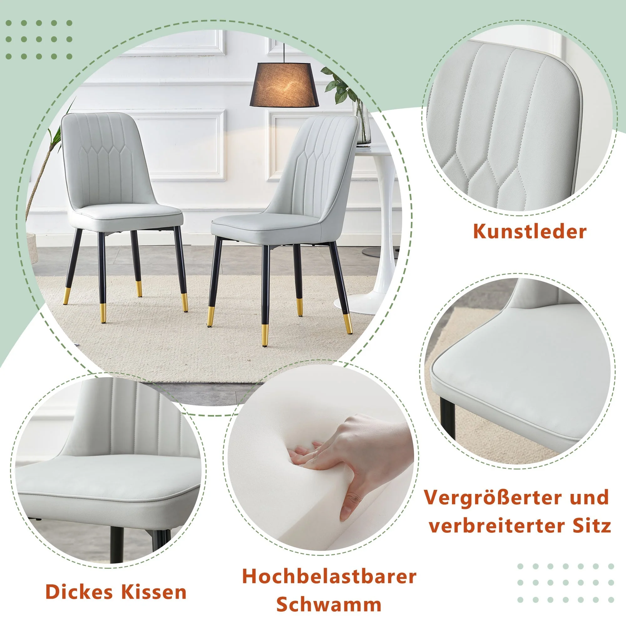 2-Piece Dining Chair Set PU Leather Back Black Metal Legs - Light Grey - Image 5