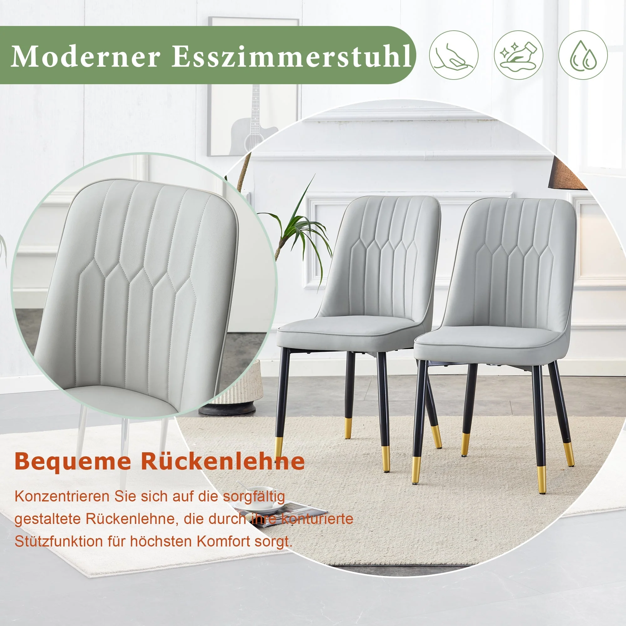 2-Piece Dining Chair Set PU Leather Back Black Metal Legs - Light Grey - Image 6